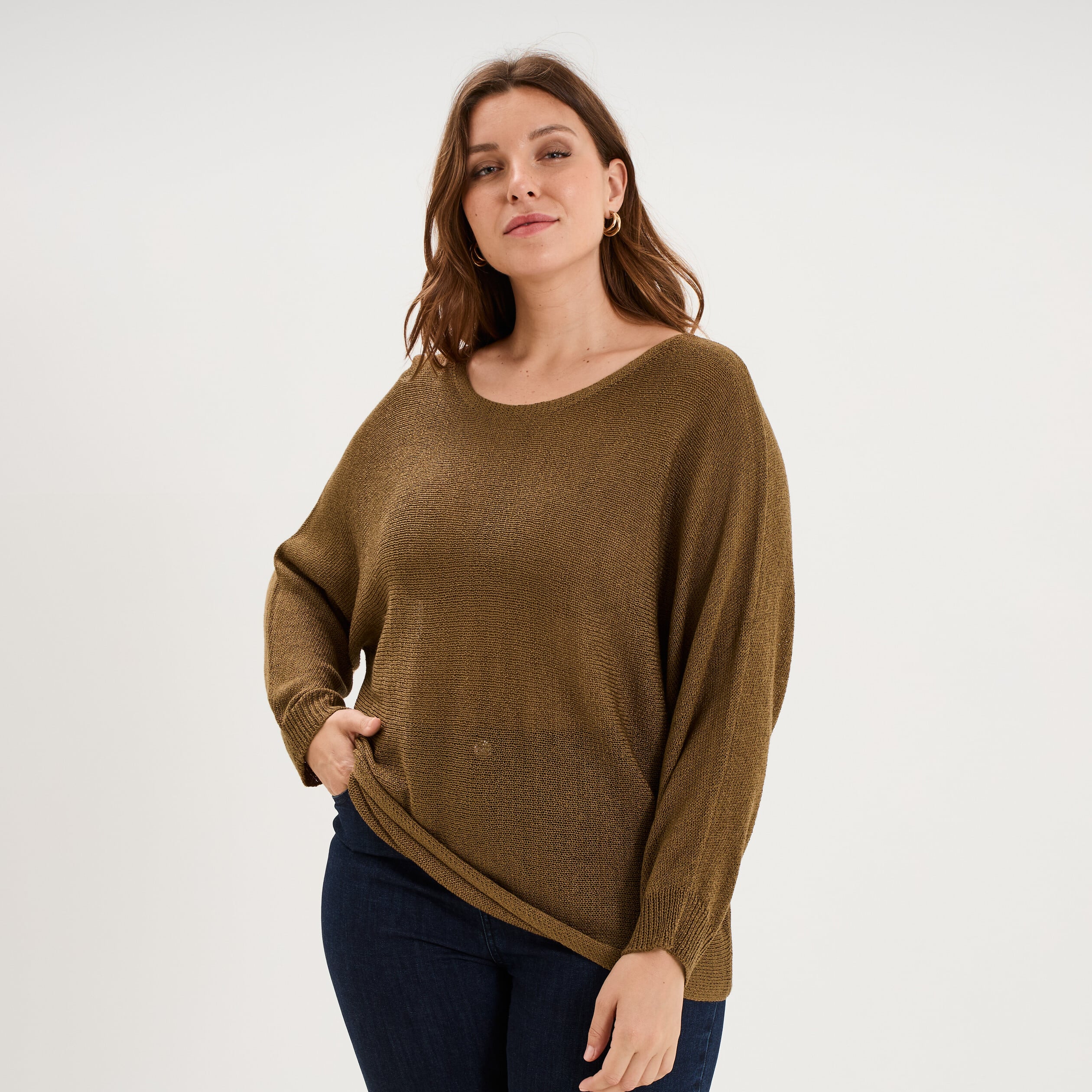 Pull manches longues col rond beige femme grande taille