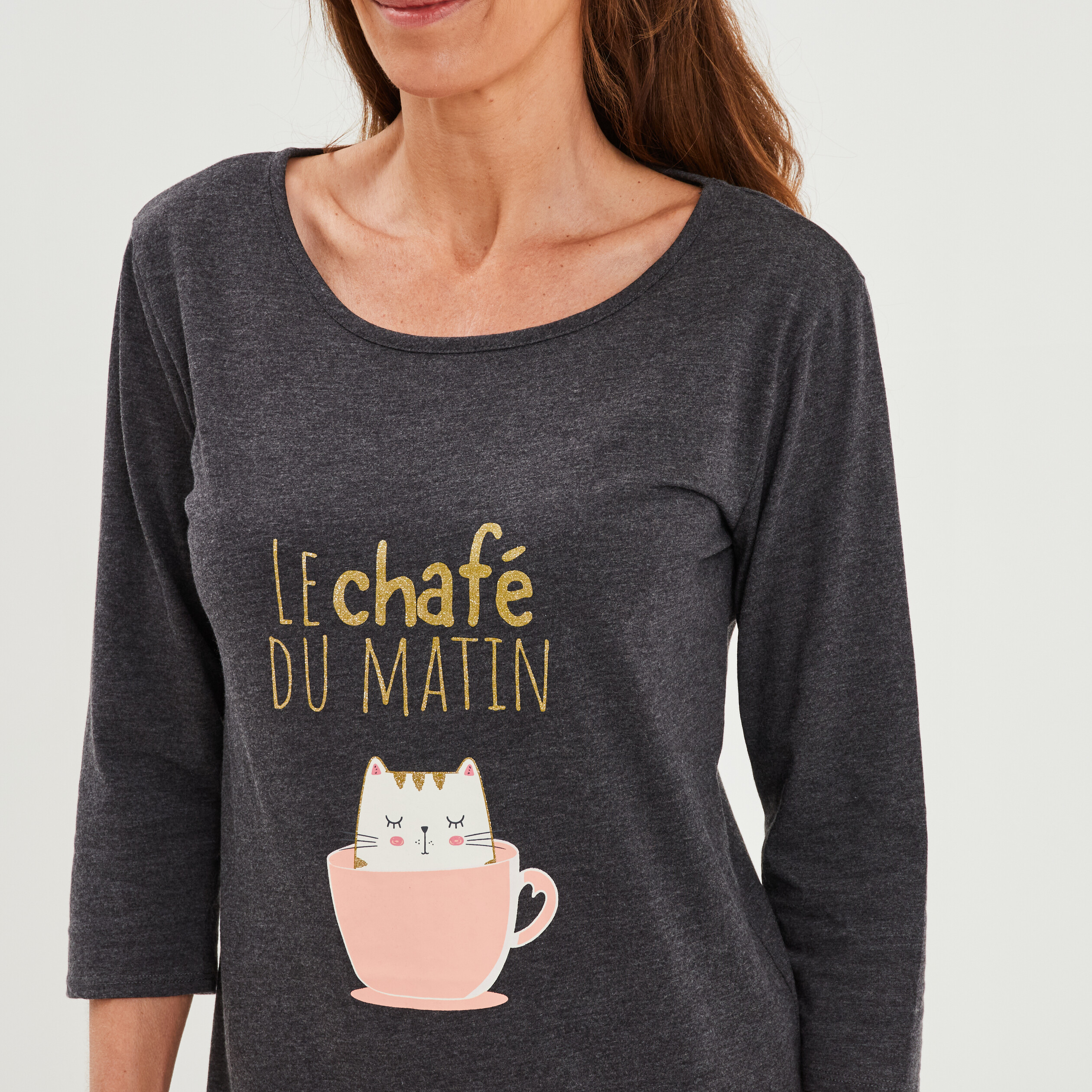 chemise de nuit manches 34 gris fonce femme Chemise de nuit manches 3/4 gris foncé femme