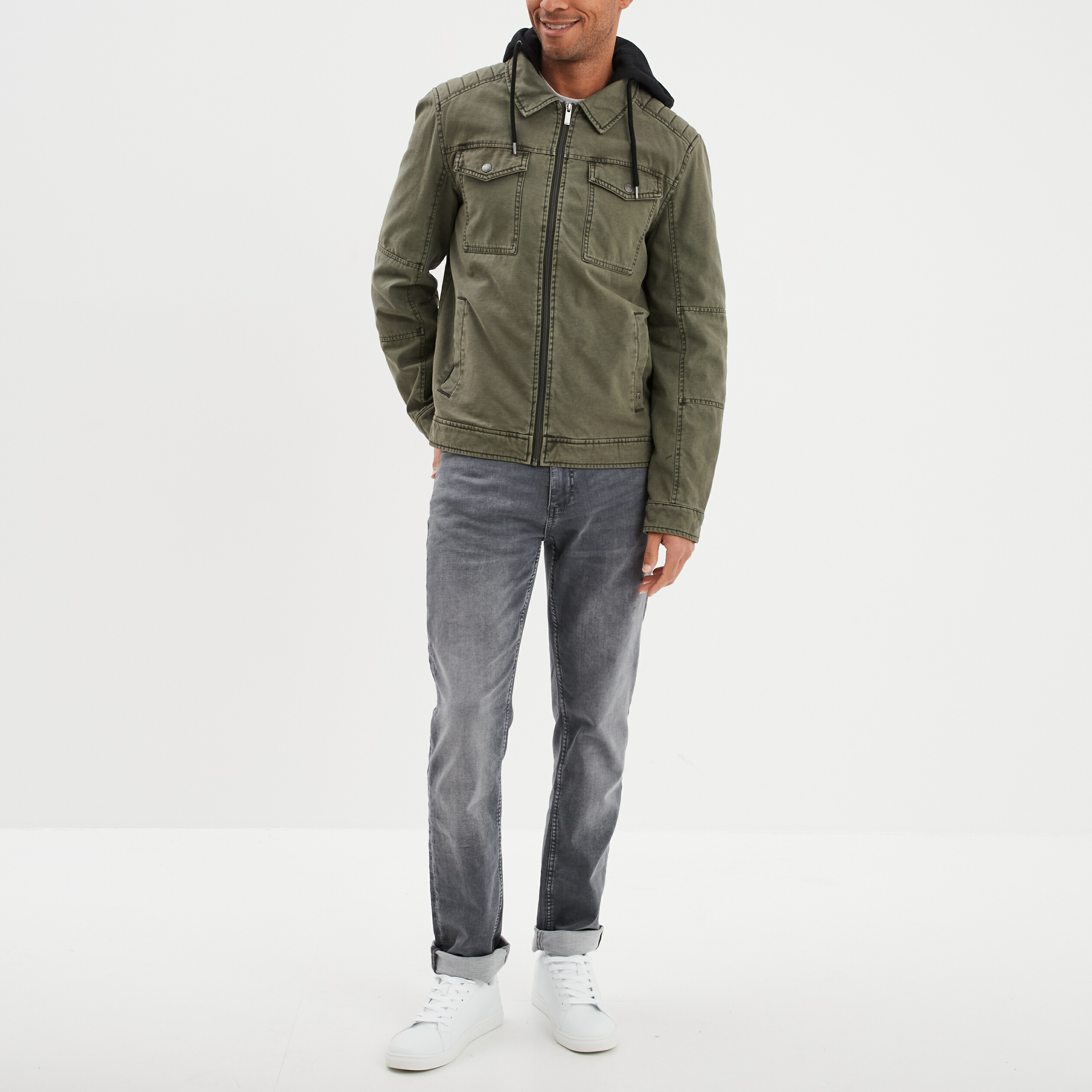Veste doubl&eacute;e capuche amovible en coton vert kaki homme