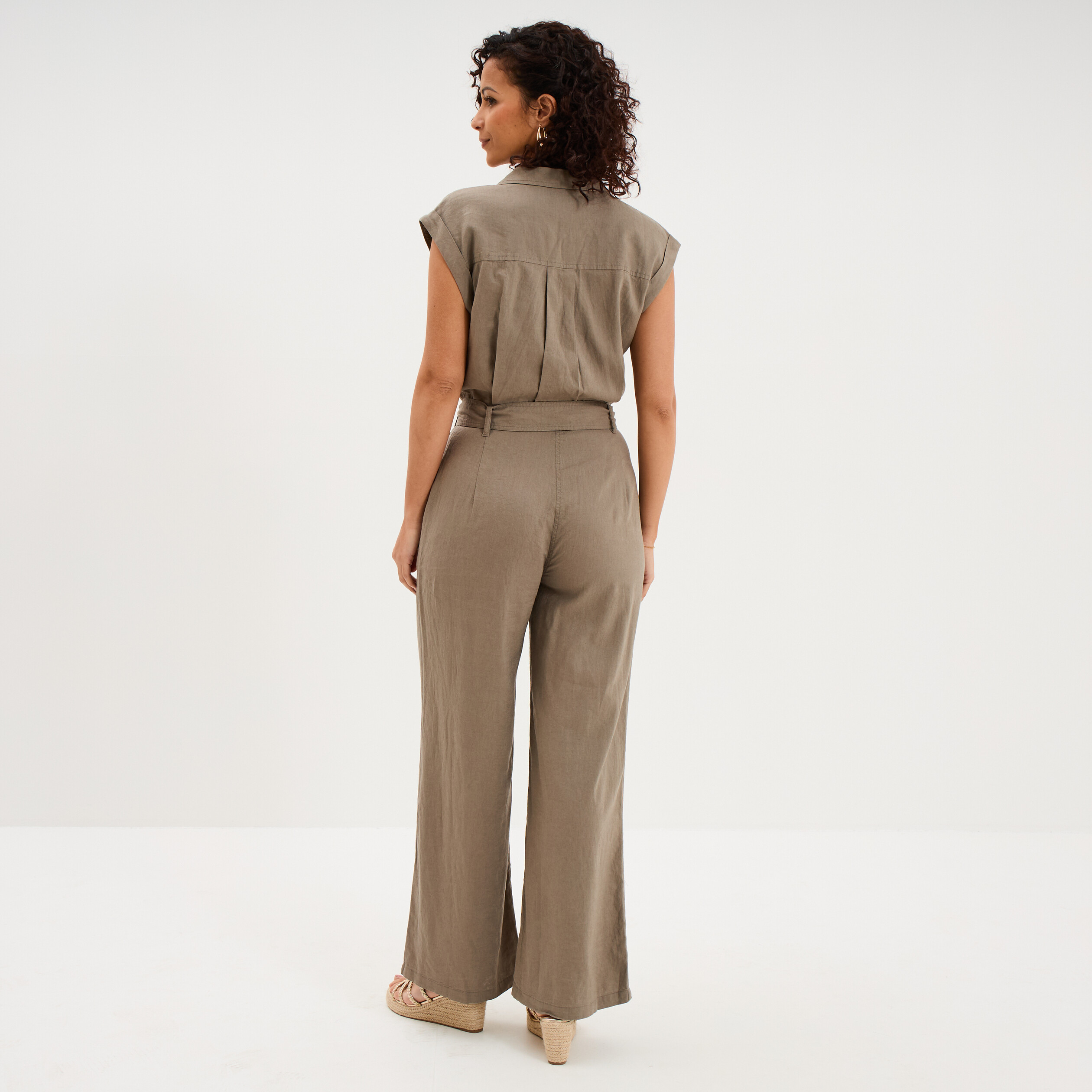 Combinaison pantalon lin m&eacute;lang&eacute; vert kaki femme