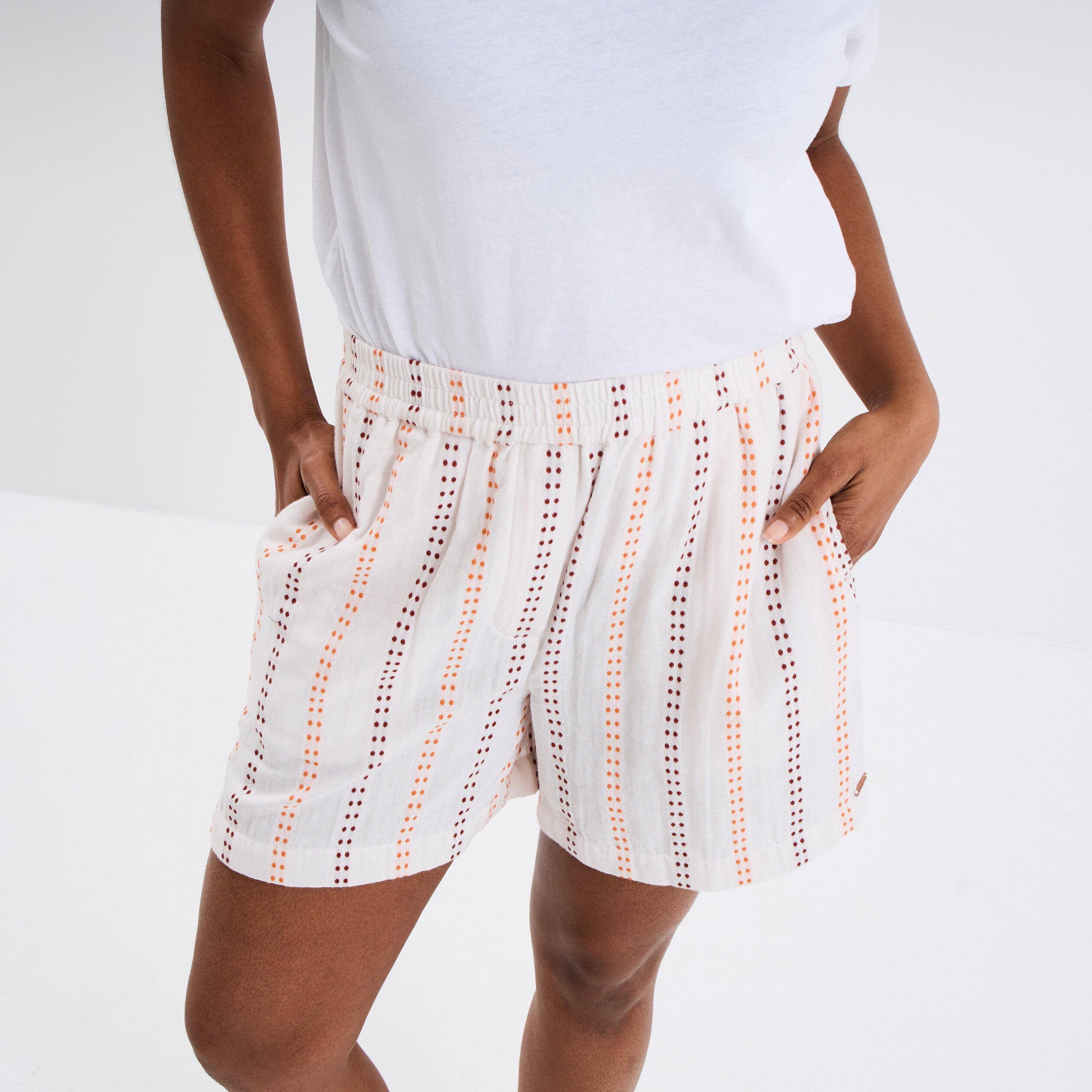 Short taille élastiquée gaze de coton ecru femme