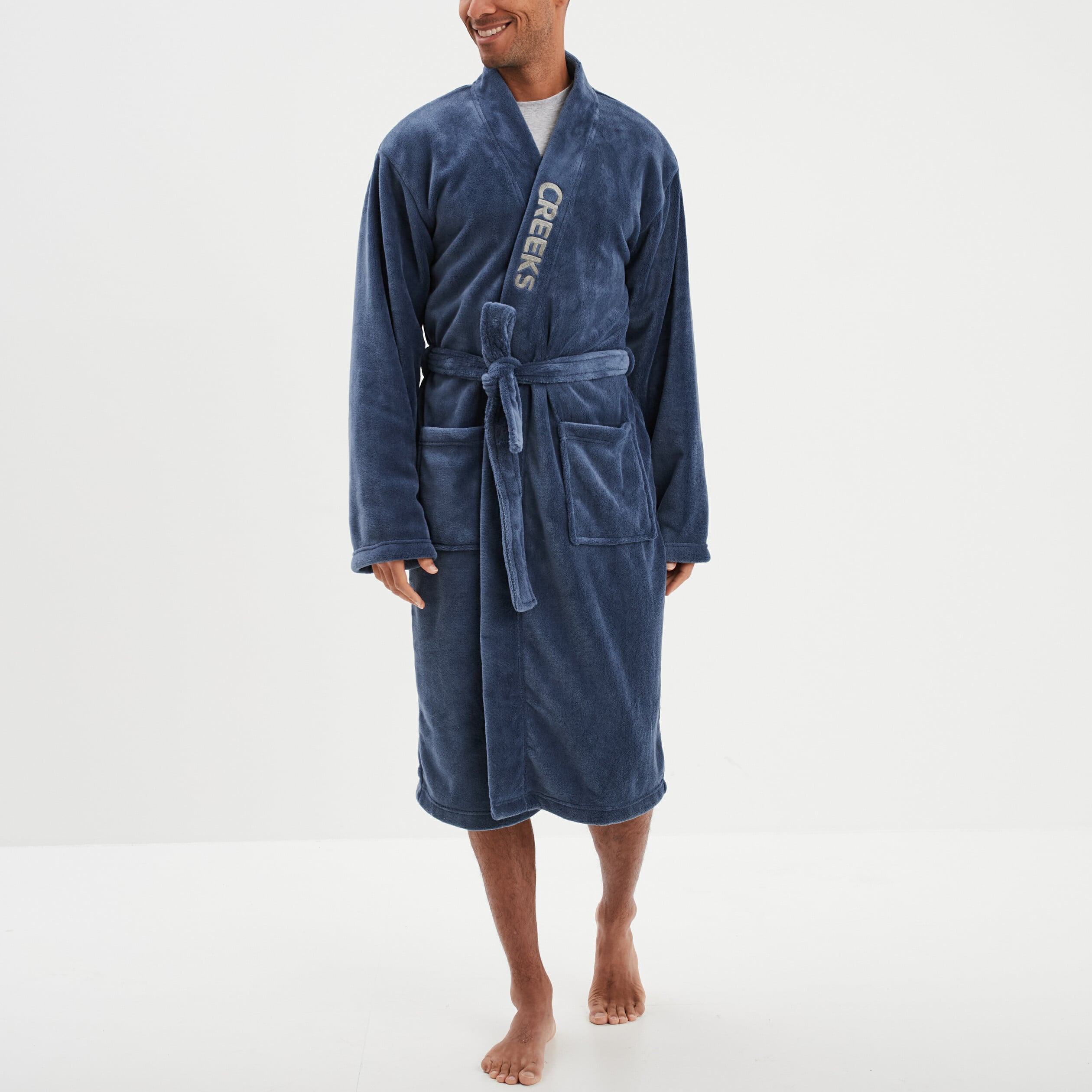 Peignoir effet velours ceintur&eacute; bleu marine homme