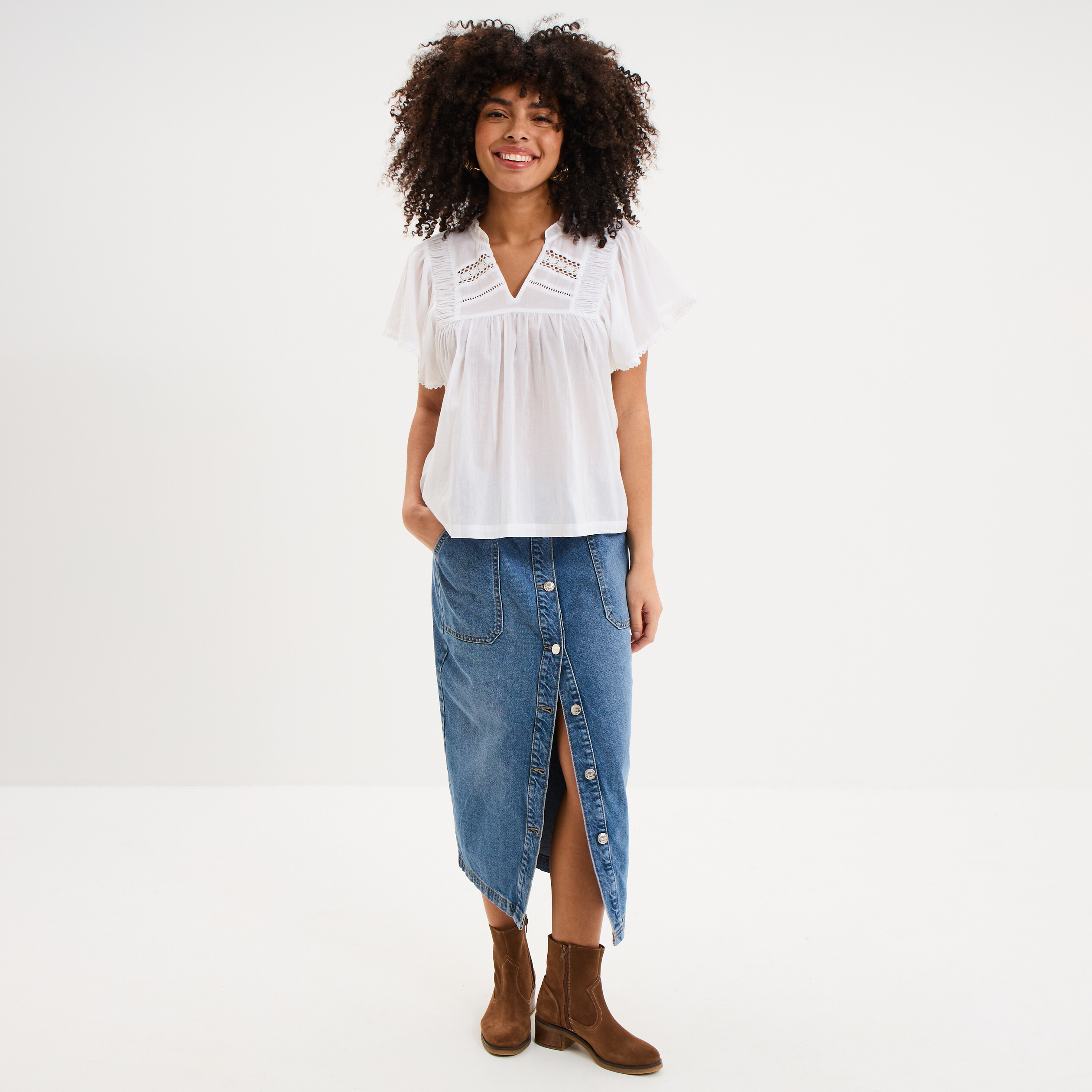 Blouse fluide l&eacute;g&egrave;re avec volants coton blanc femme