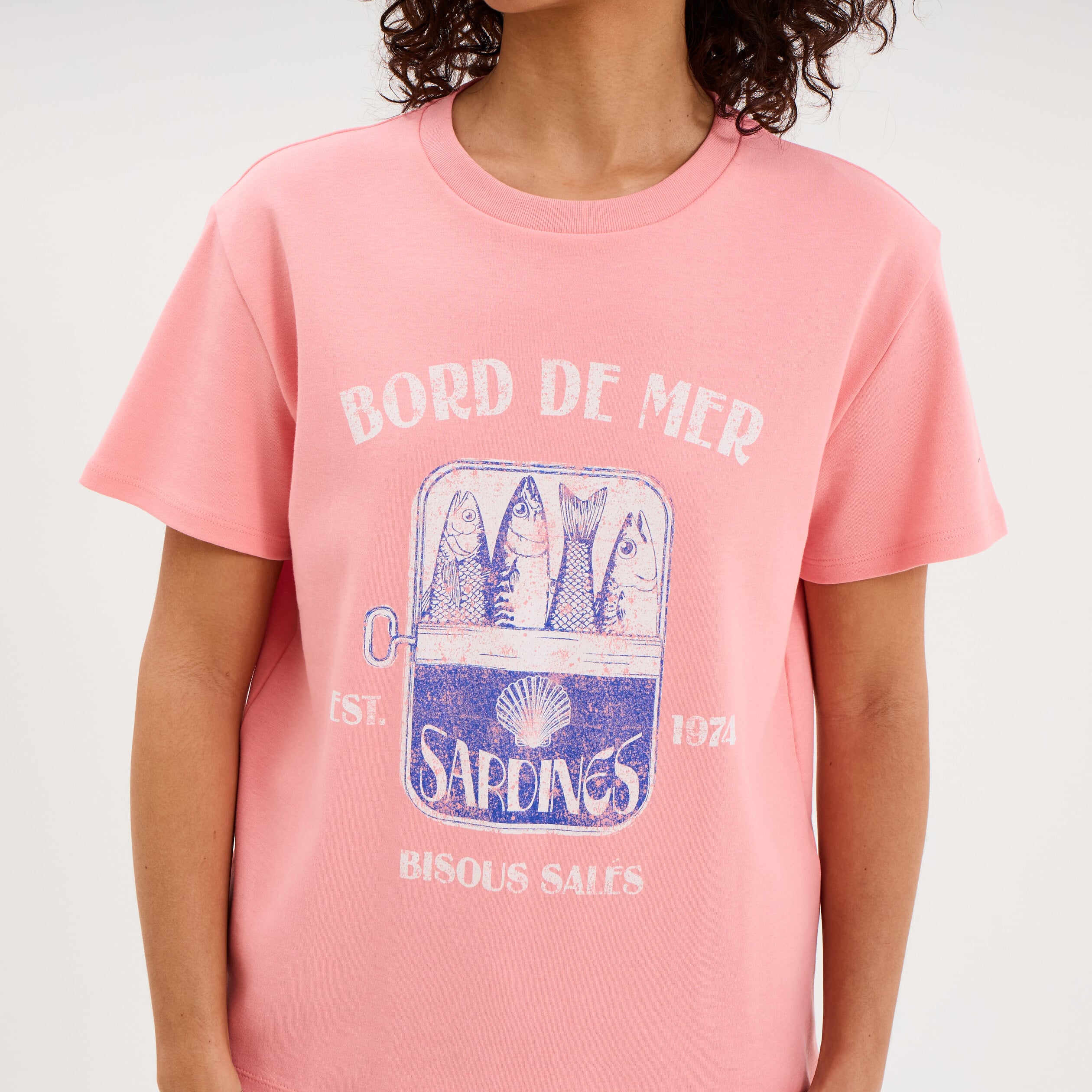 T-shirt col rond manches courtes coton rose femme