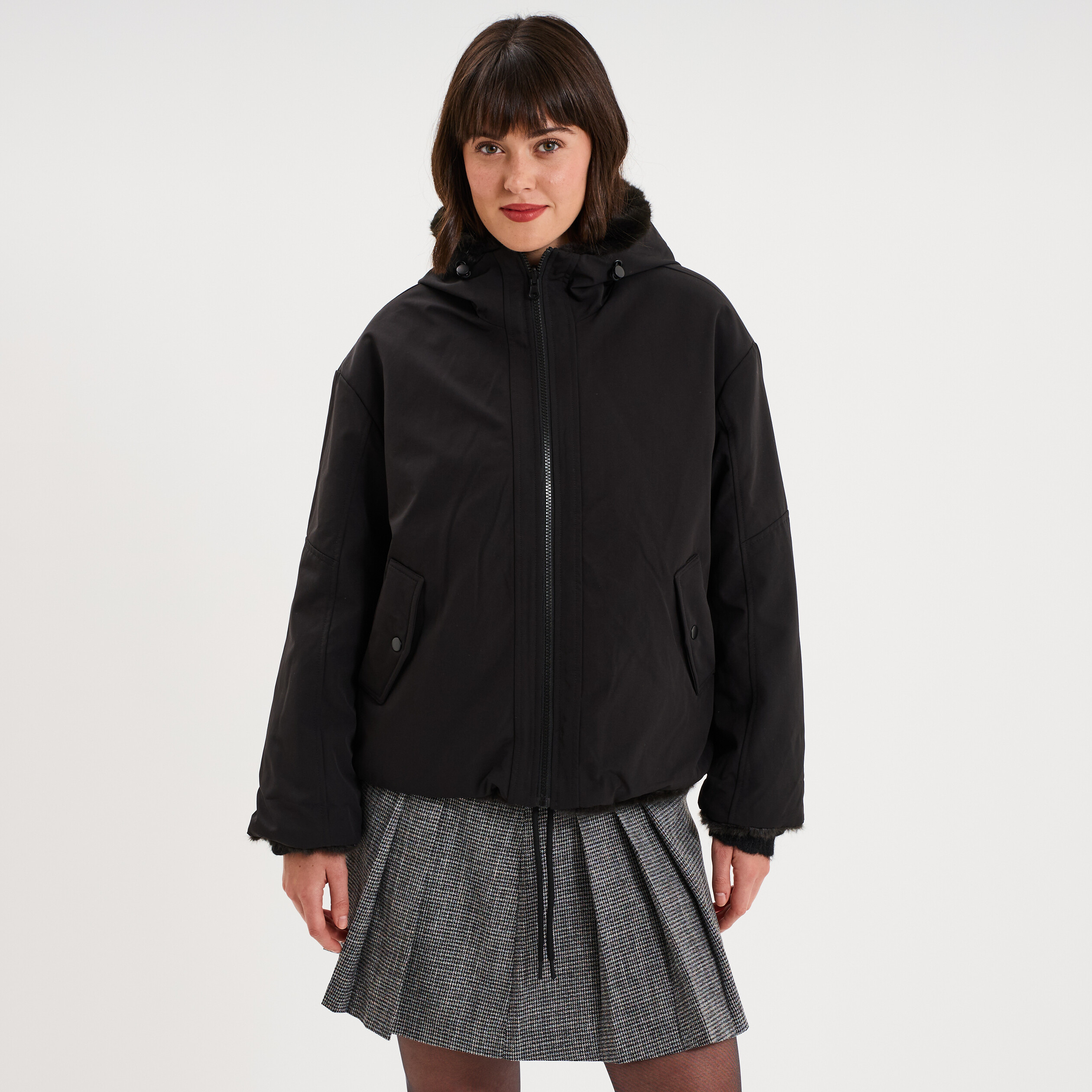 Parka r&eacute;versible capuche fausse fourrure noir femme