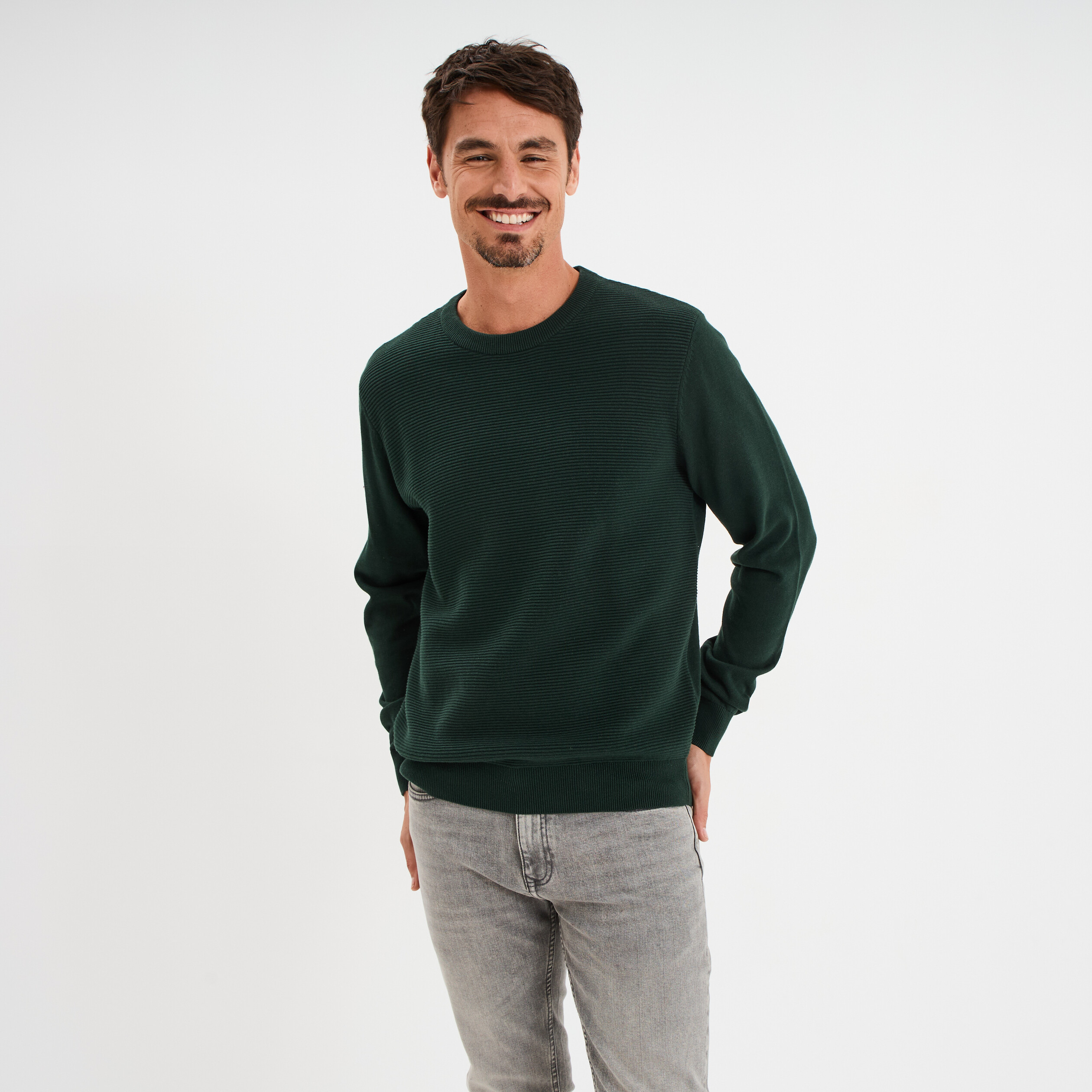 pull col rond coton manches longues vert fonce homme Pull col rond coton manches longues vert foncé homme