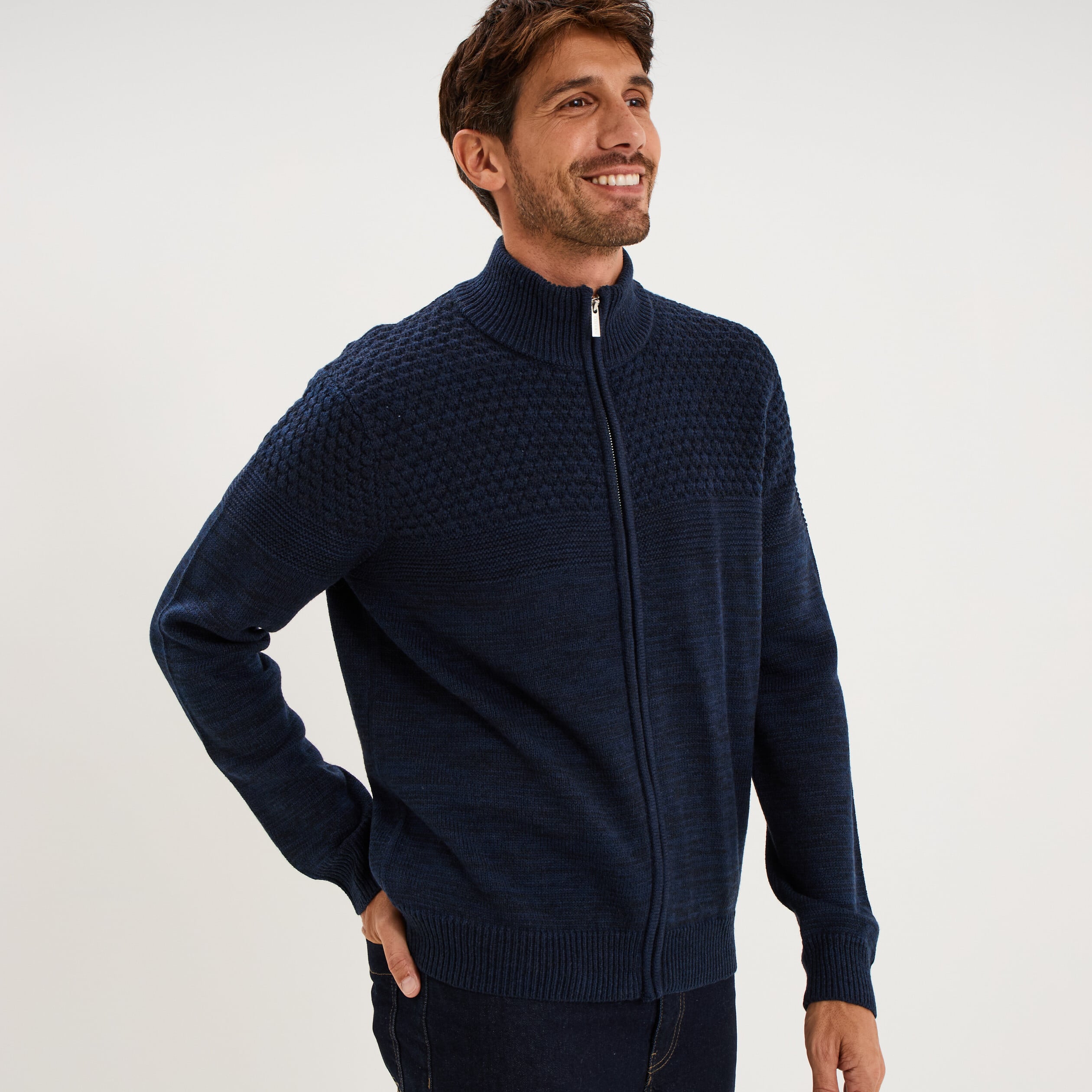 Gilet zipp&eacute; col montant manches longues bleu marine homme