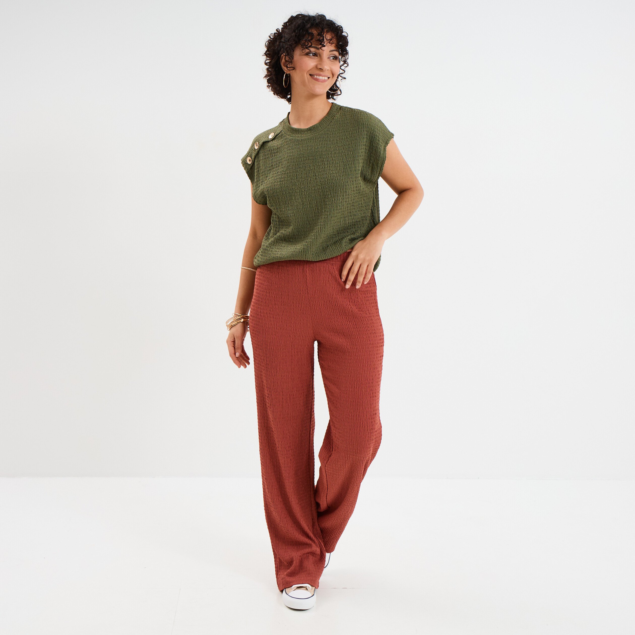 pantalon effet gaufre taille elastiquee vieux rose femme Pantalon effet gaufré taille élastiquée vieux rose femme