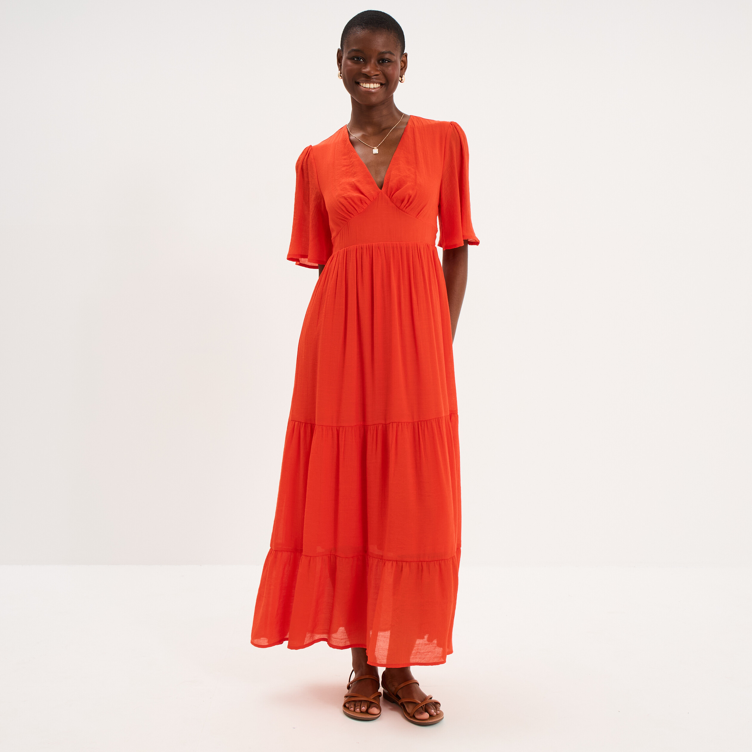 Robe longue fluide &agrave; volants orange fonc&eacute; femme