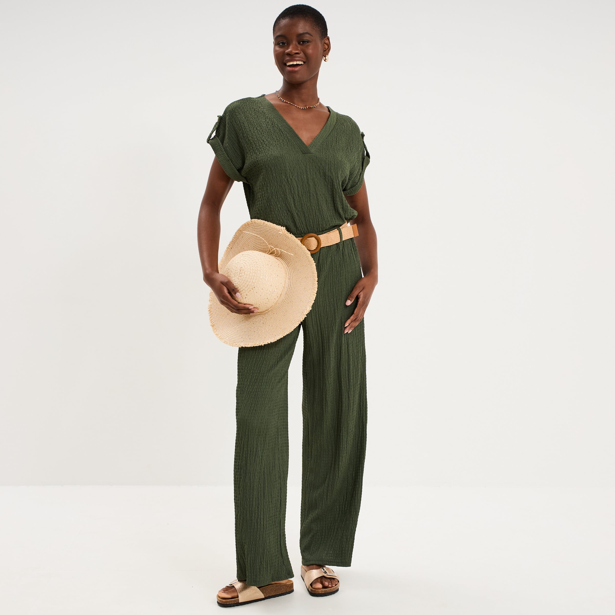 Pantalon fluide large avec ceinture vert kaki femme