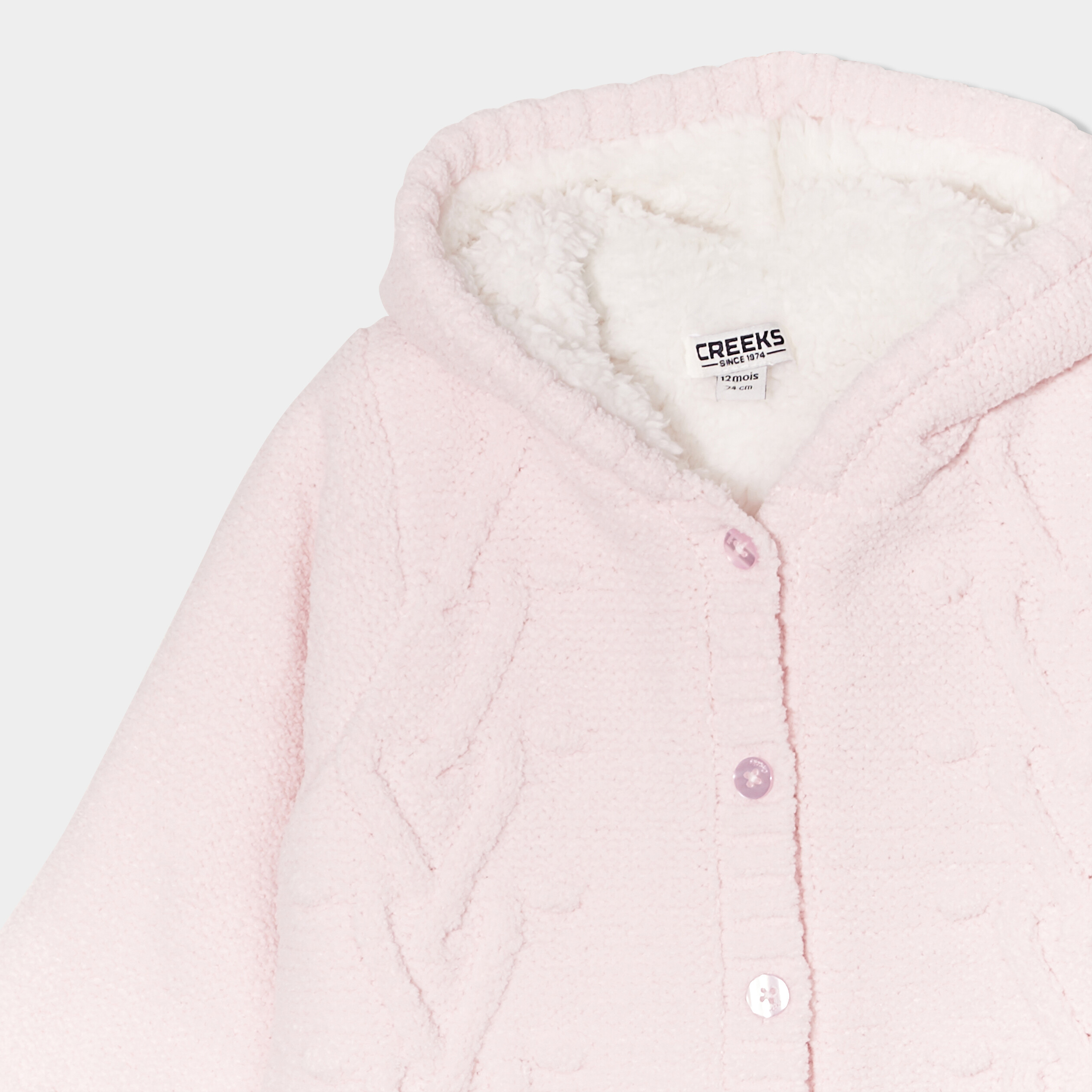 Gilet fourré torsades à capuche Creeks rose clair bébé fille