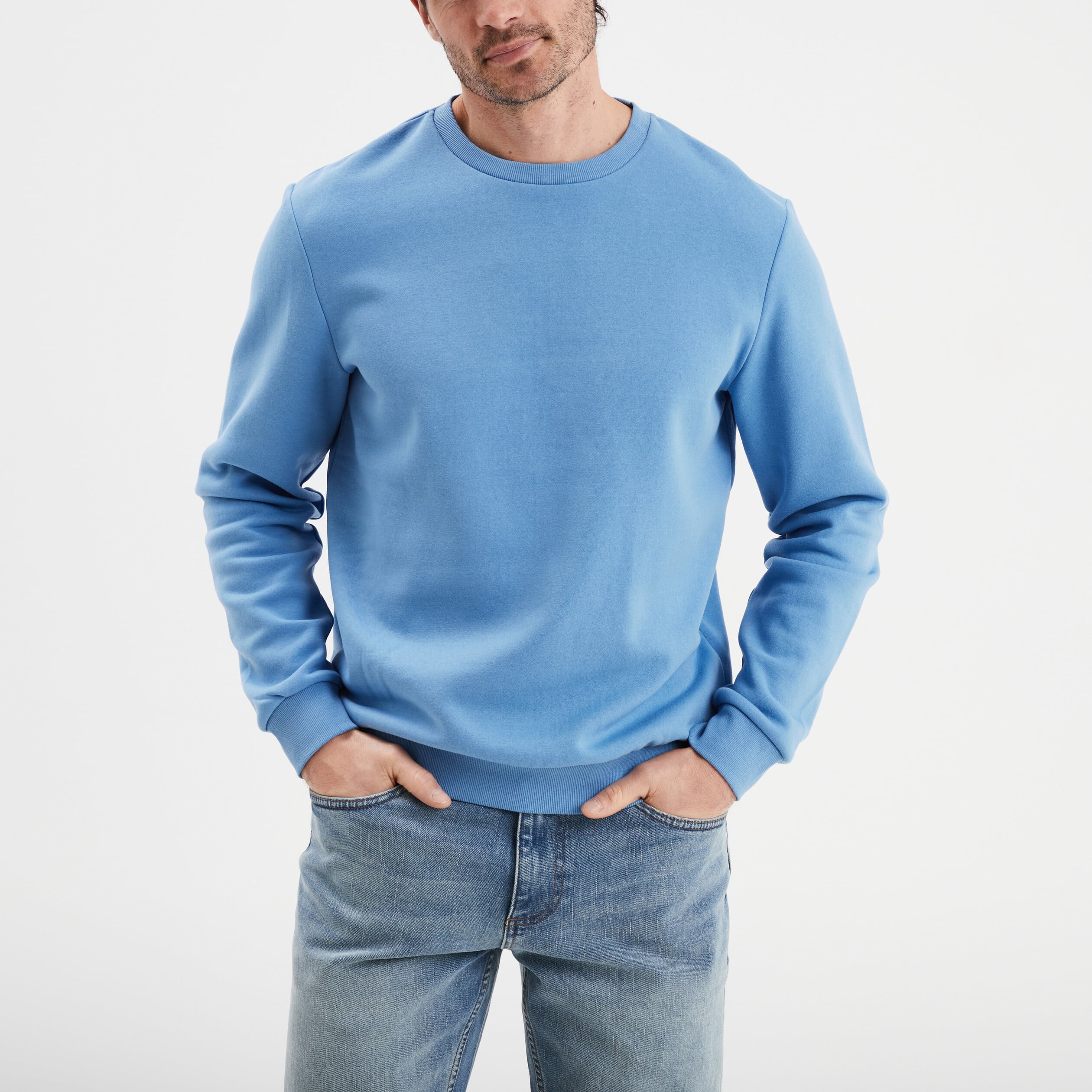 Sweat molleton col rond bleu homme