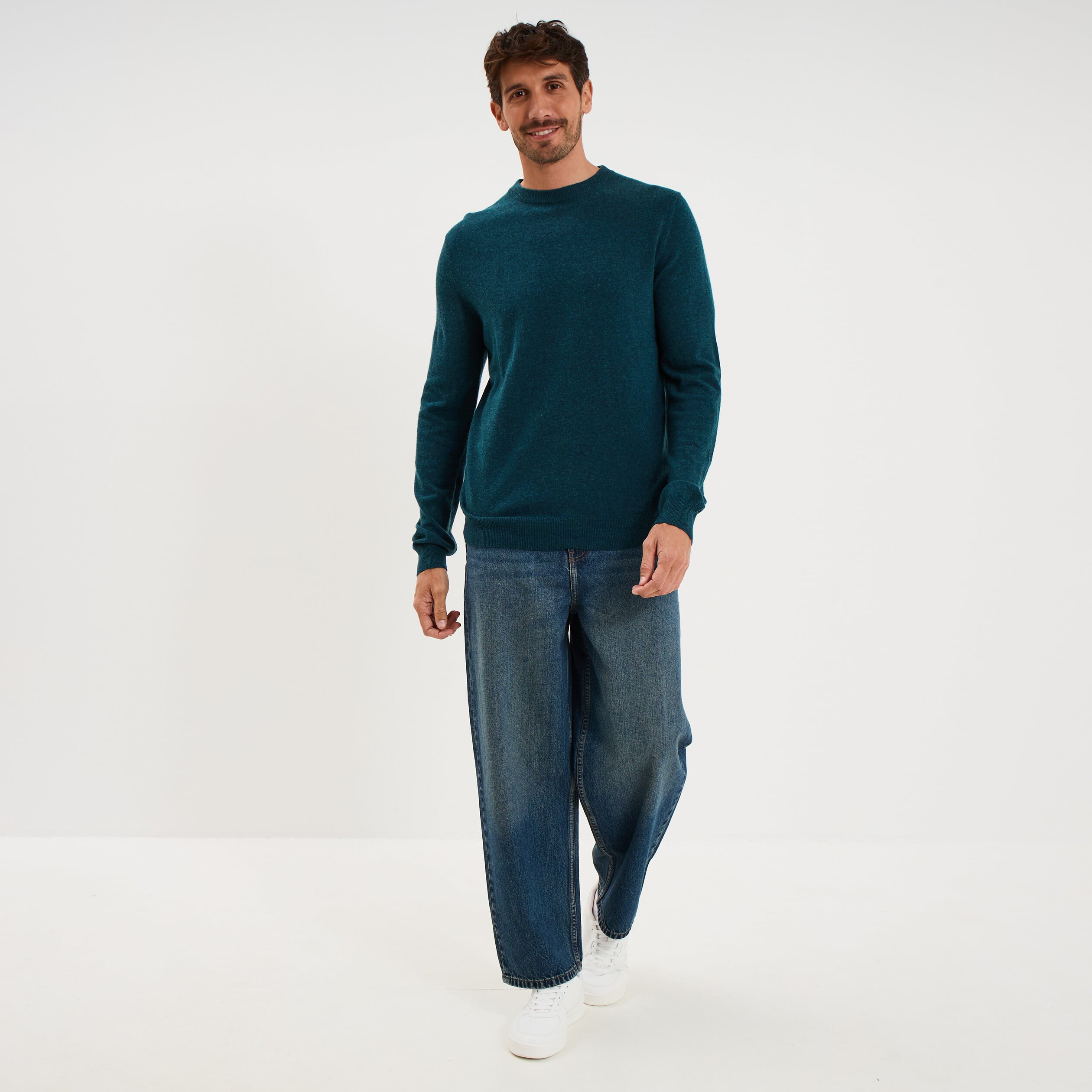 Pull col rond manches longues bleu canard homme