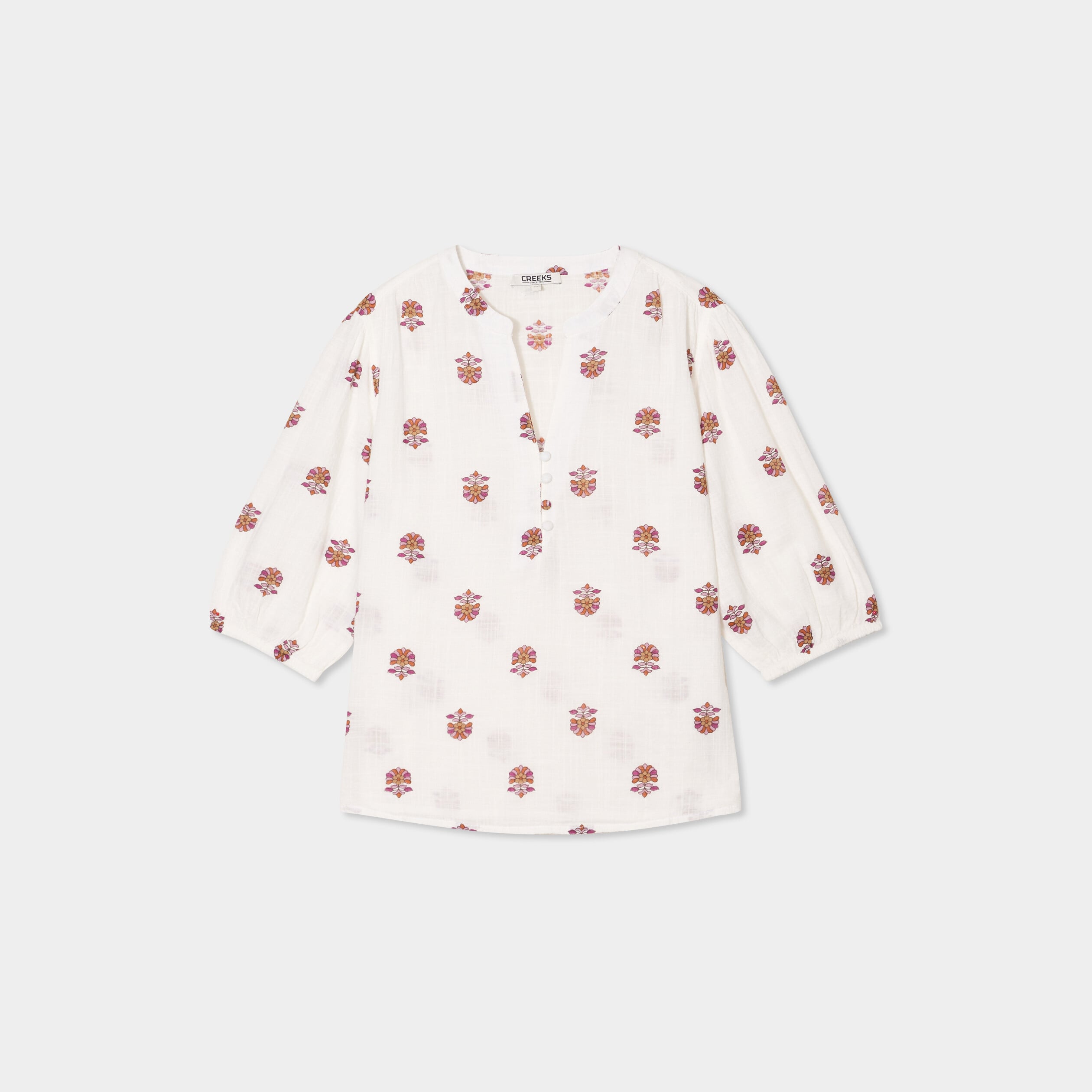 Blouse col tunisien manches 3/4 coton blanc femme
