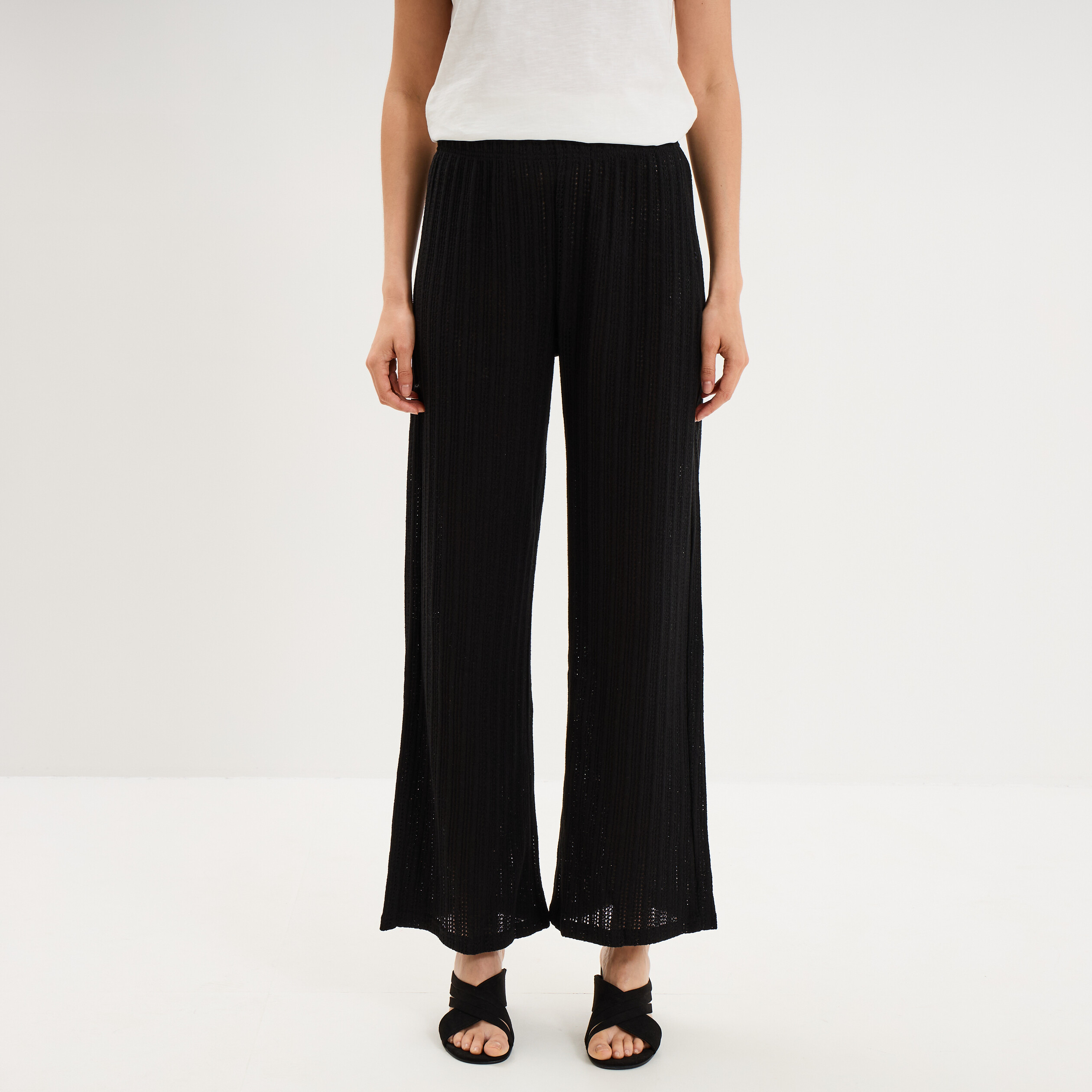 Pantalon large effet crochet &eacute;lastiqu&eacute; noir femme