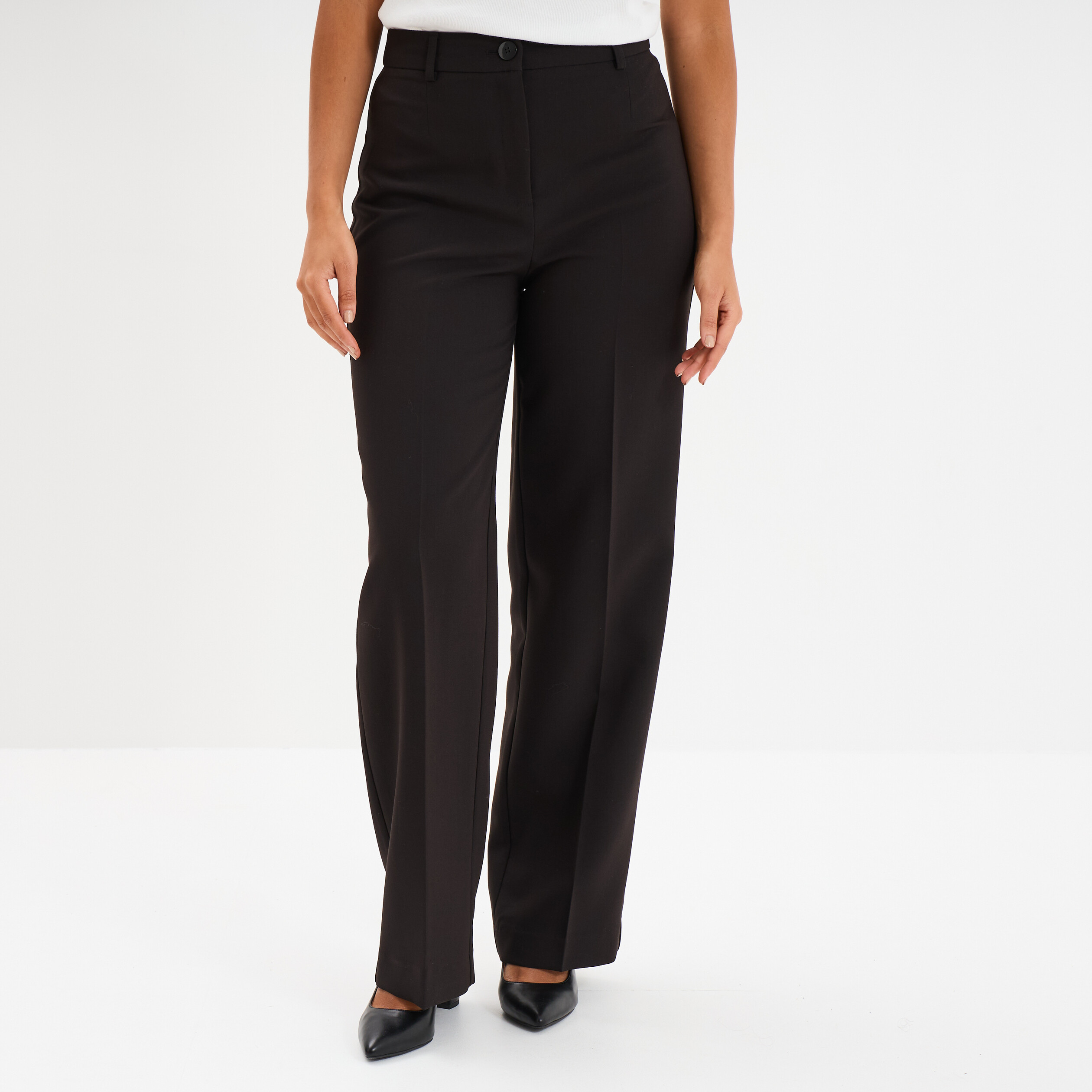 Pantalon taille haute droit avec pinces noir femme