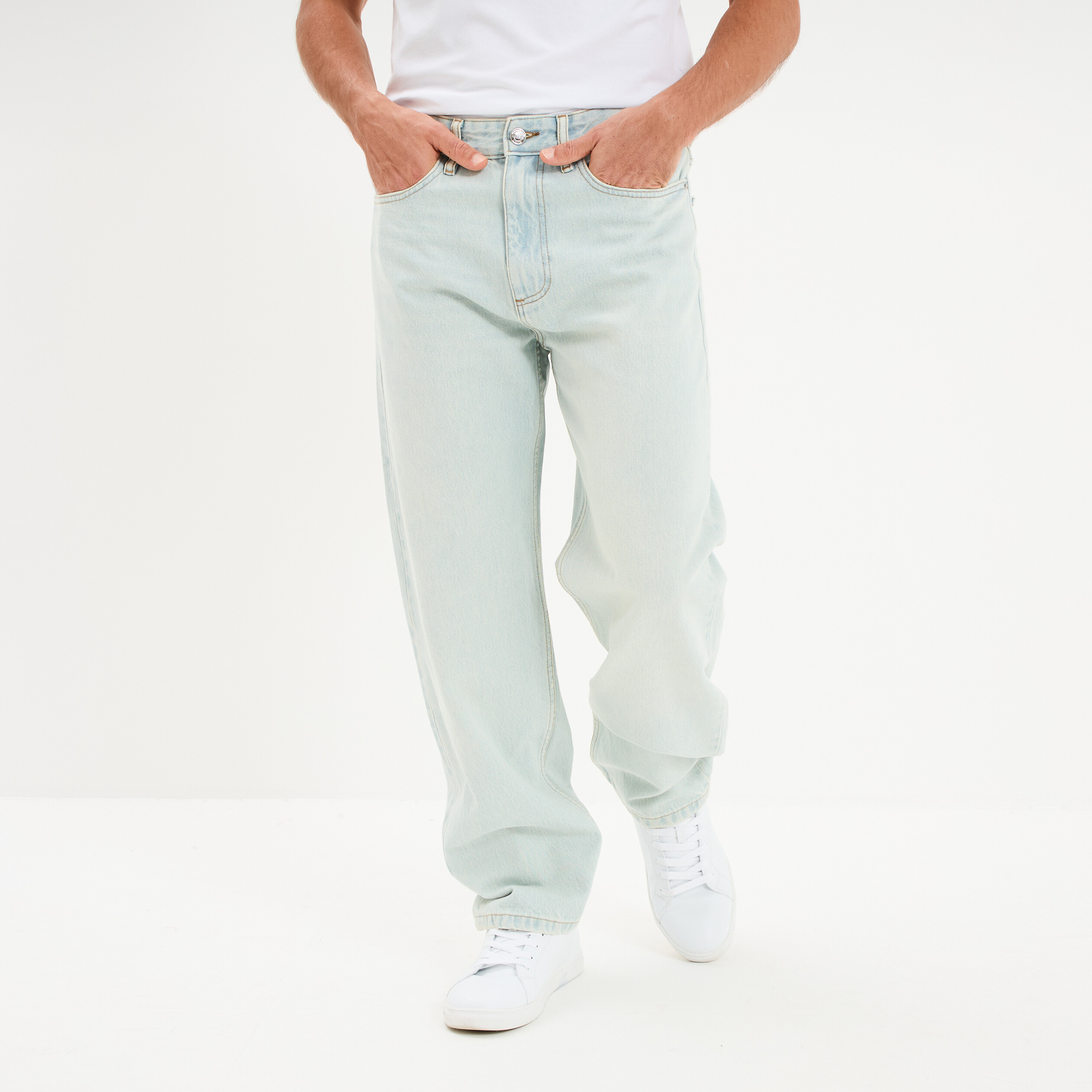 Jean relaxed 5 poches coton denim bleach homme