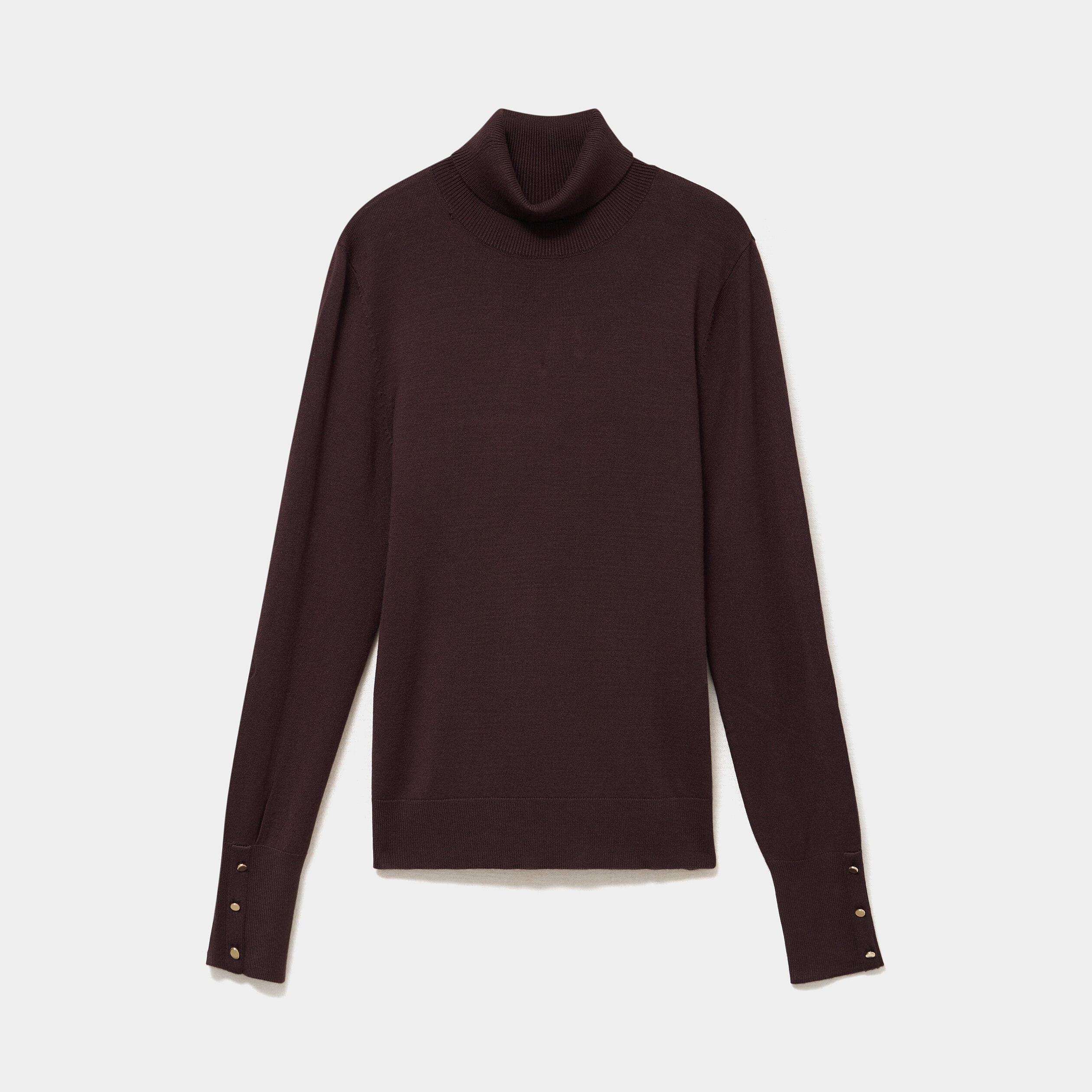 Pull col roul&eacute; avec boutons poignets marron fonc&eacute; femme