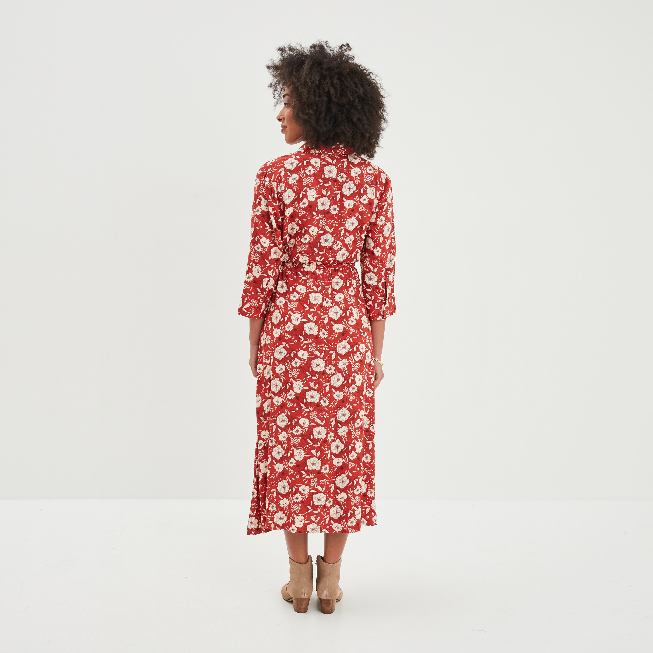 robe longue manches 34 boutonnee marron cognac femme Robe longue manches 3/4 boutonnée marron cognac femme