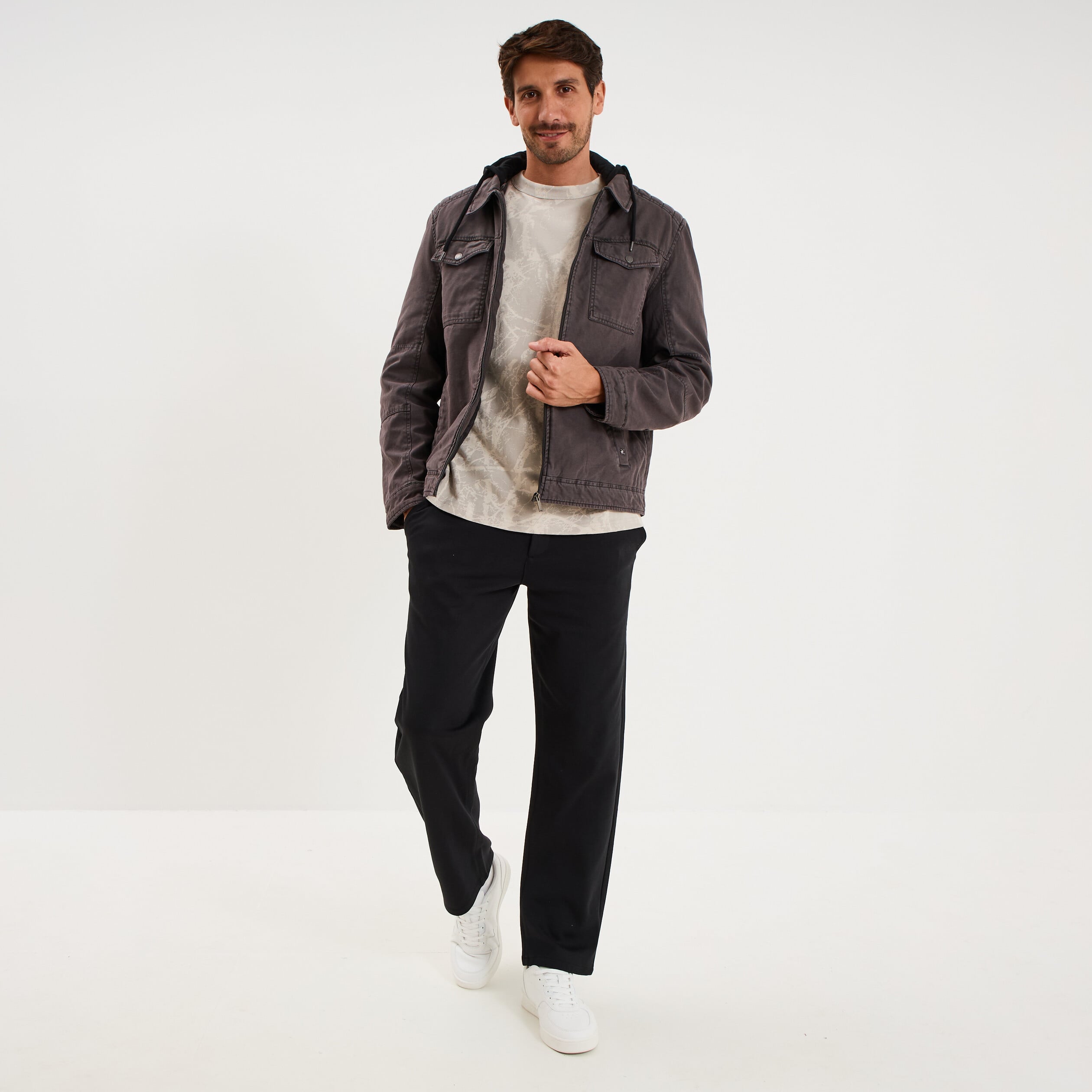 Veste doubl&eacute;e capuche amovible en coton gris fonc&eacute; homme