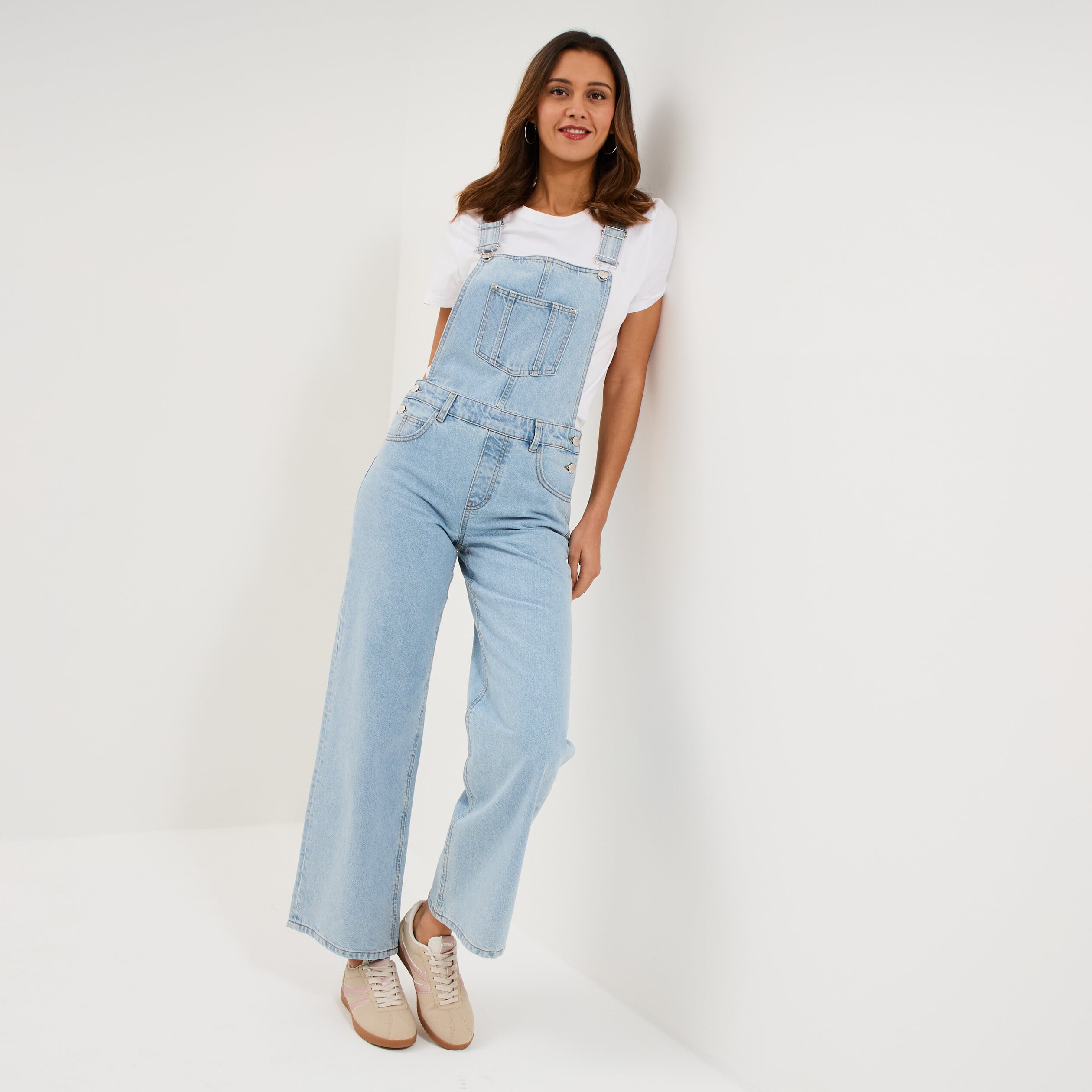 Salopette en jean jambe large coton denim triple stone femme