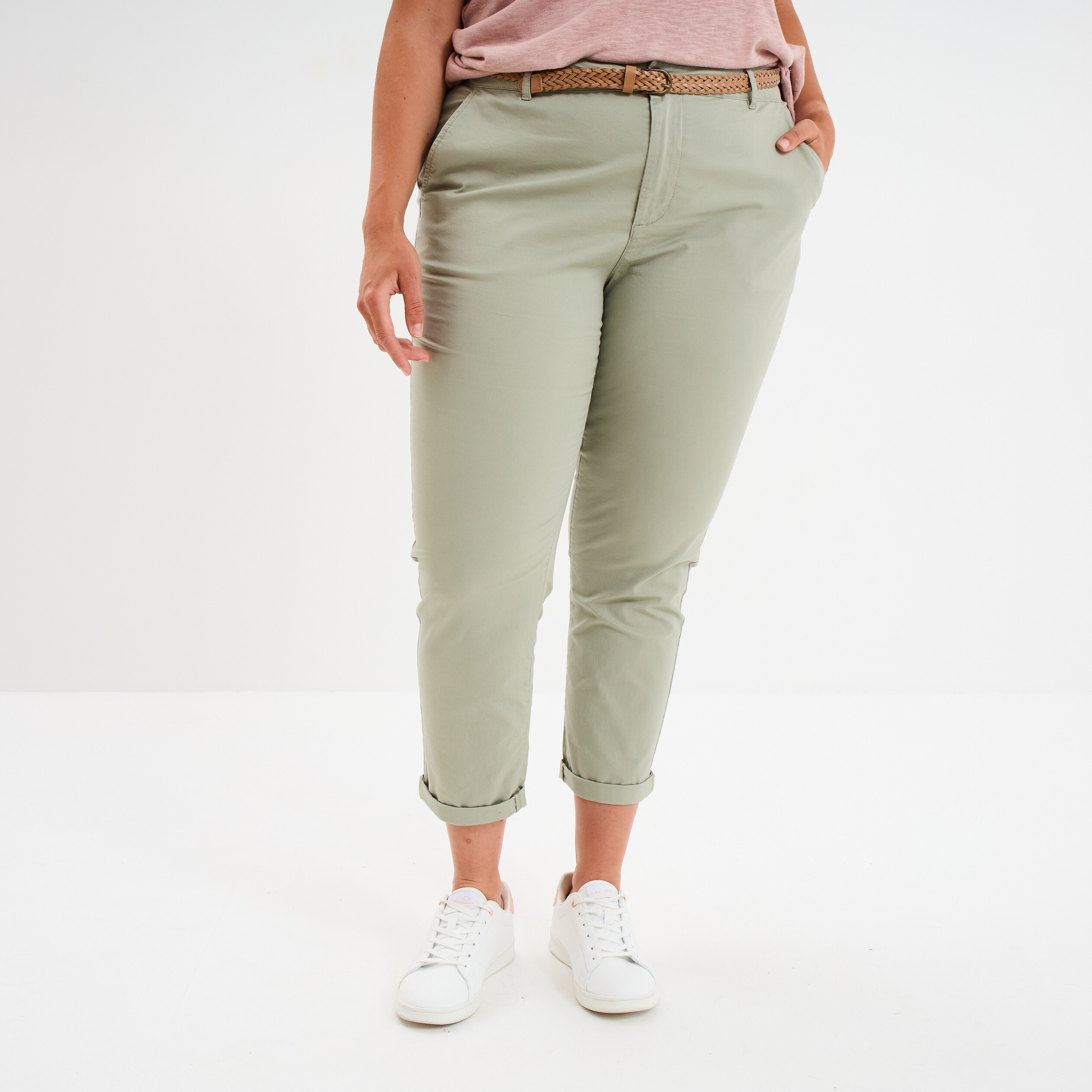 Pantalon chino taille haute coton vert kaki femme grande taille
