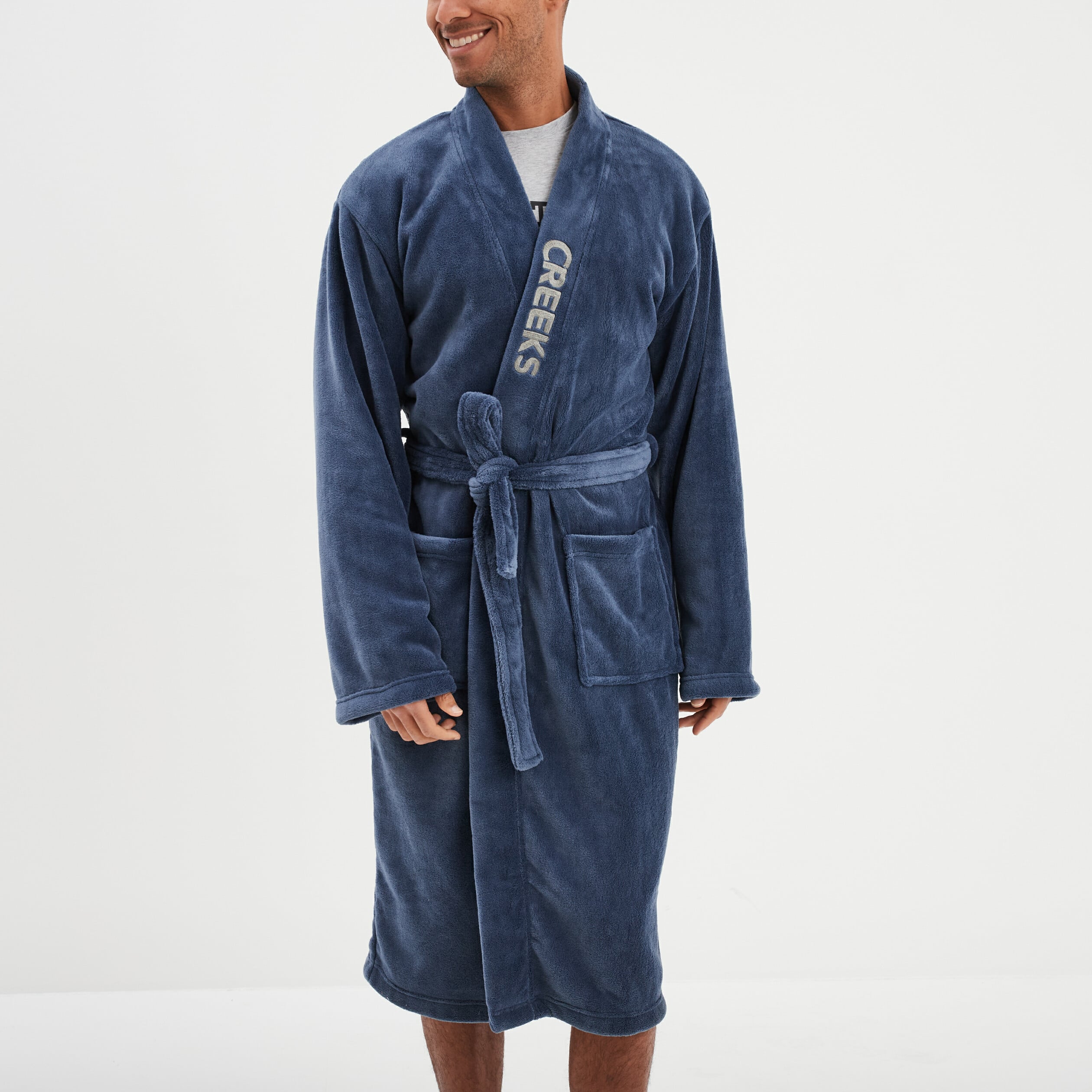 Peignoir effet velours ceintur&eacute; bleu marine homme