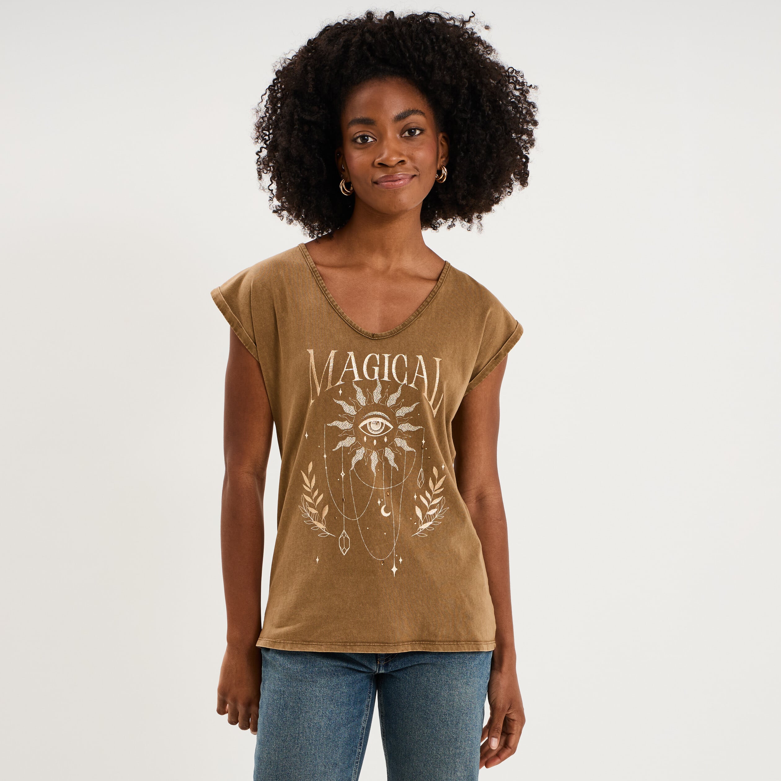 T-shirt coton col en V manches courtes beige femme