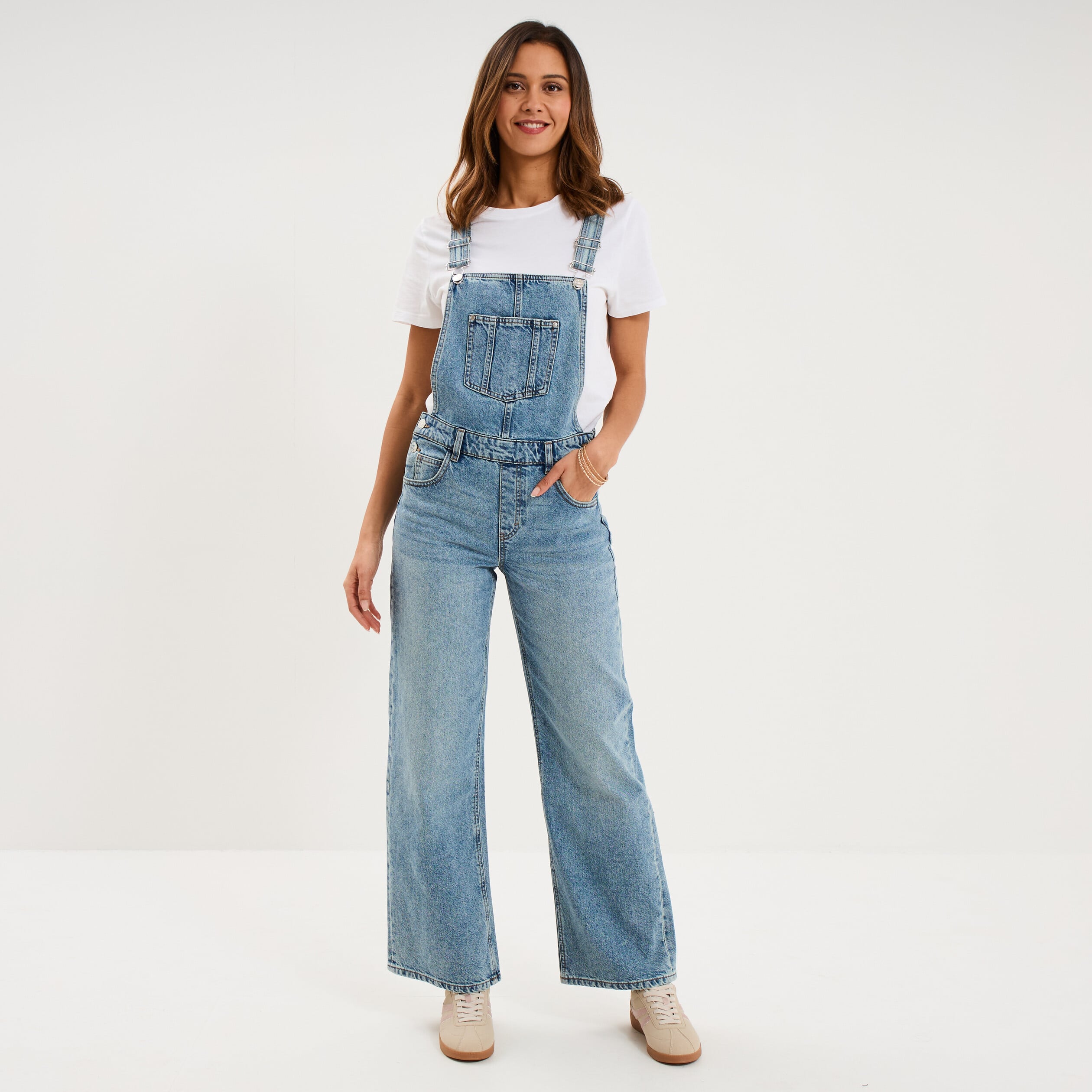 Salopette en jean jambe large coton denim double stone femme