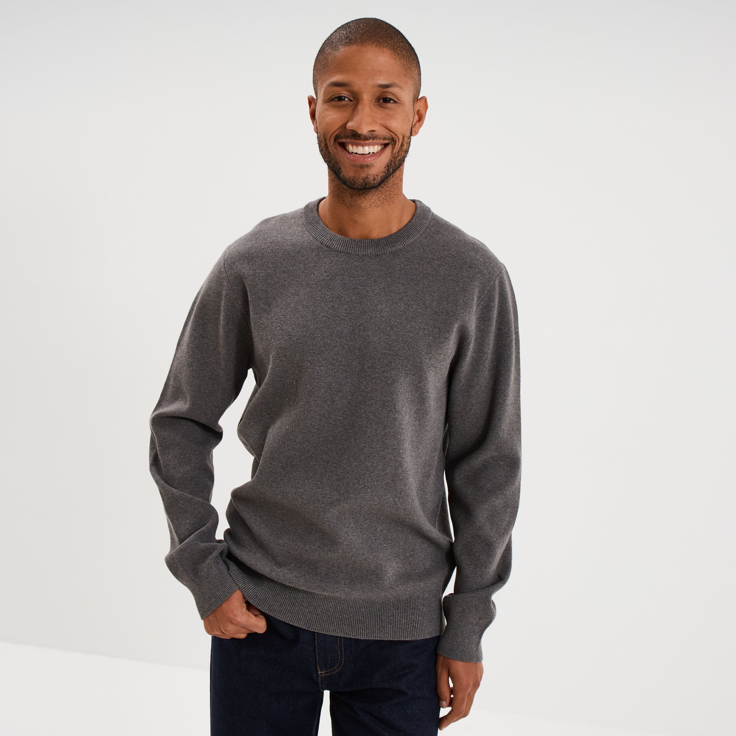 Pull col rond manches longues gris homme