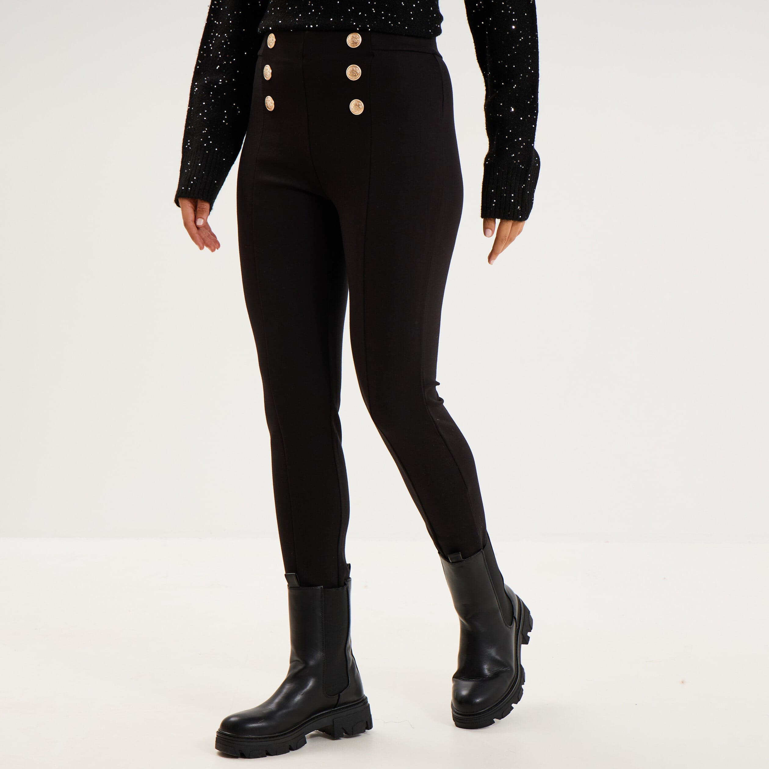 Legging stretch avec boutons noir femme