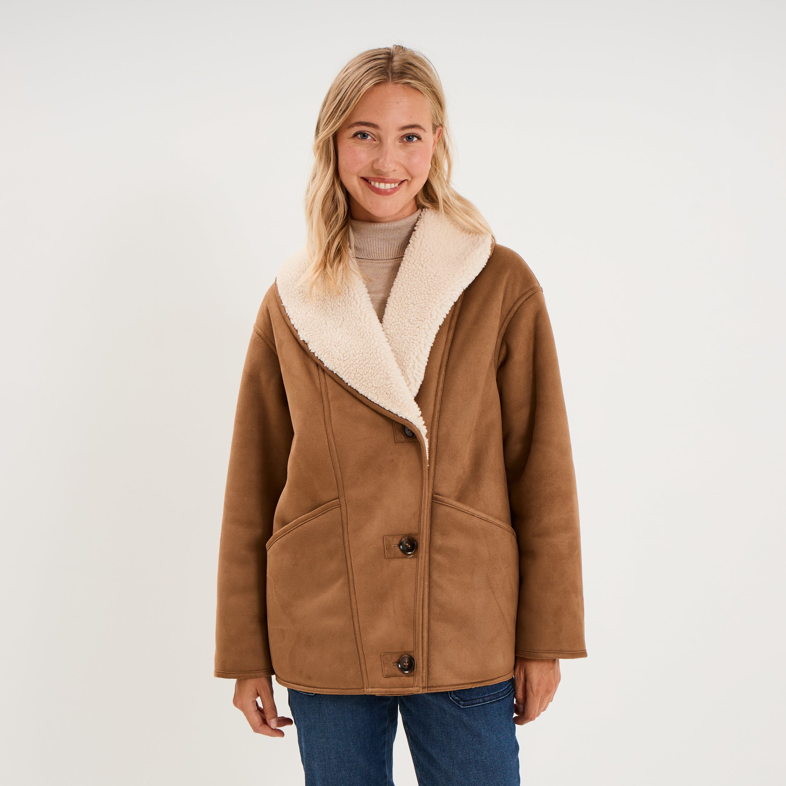 Manteau effet su&eacute;dine fourr&eacute; col ch&acirc;le marron femme