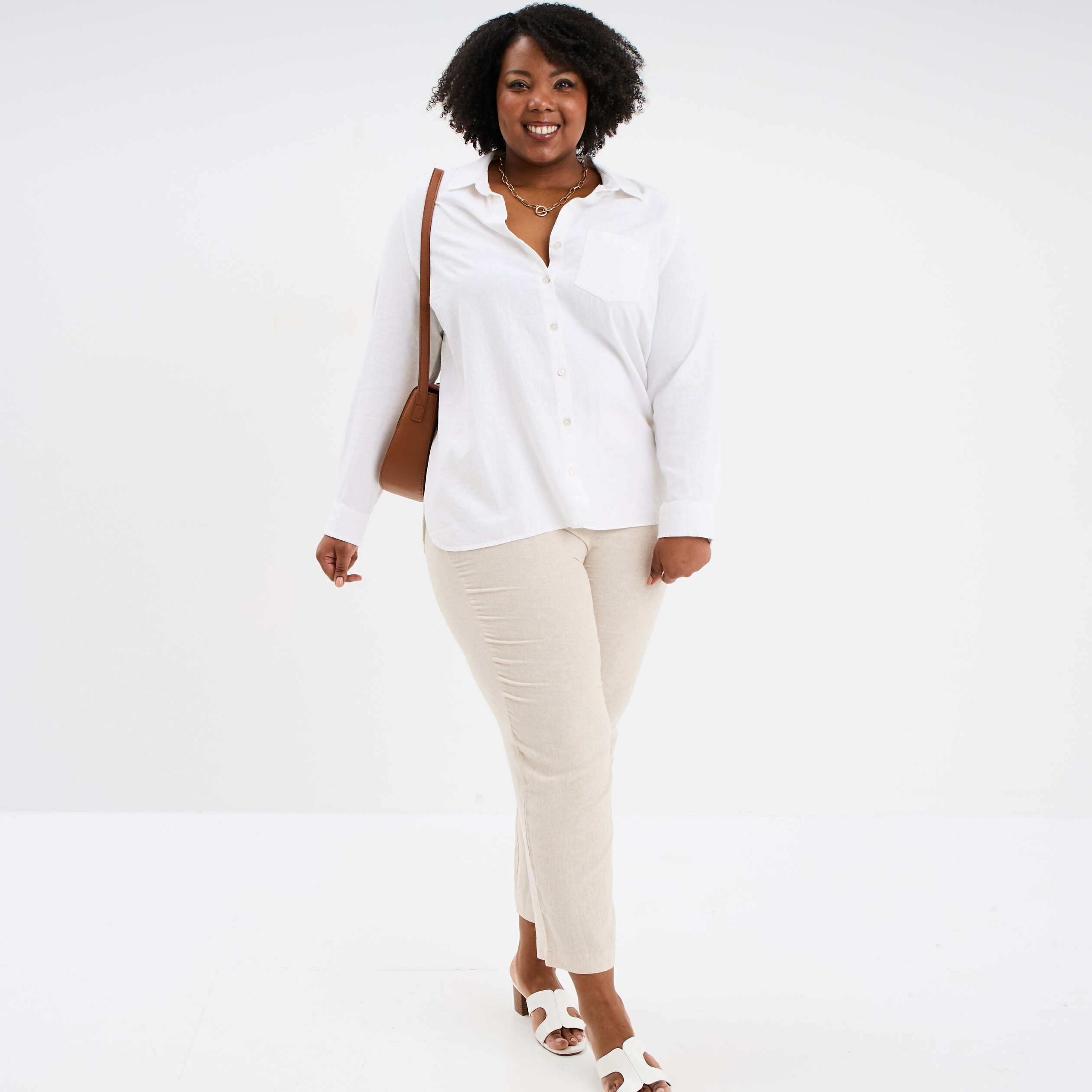 Pantalon chino droit en lin mélangé beige femme grande taille