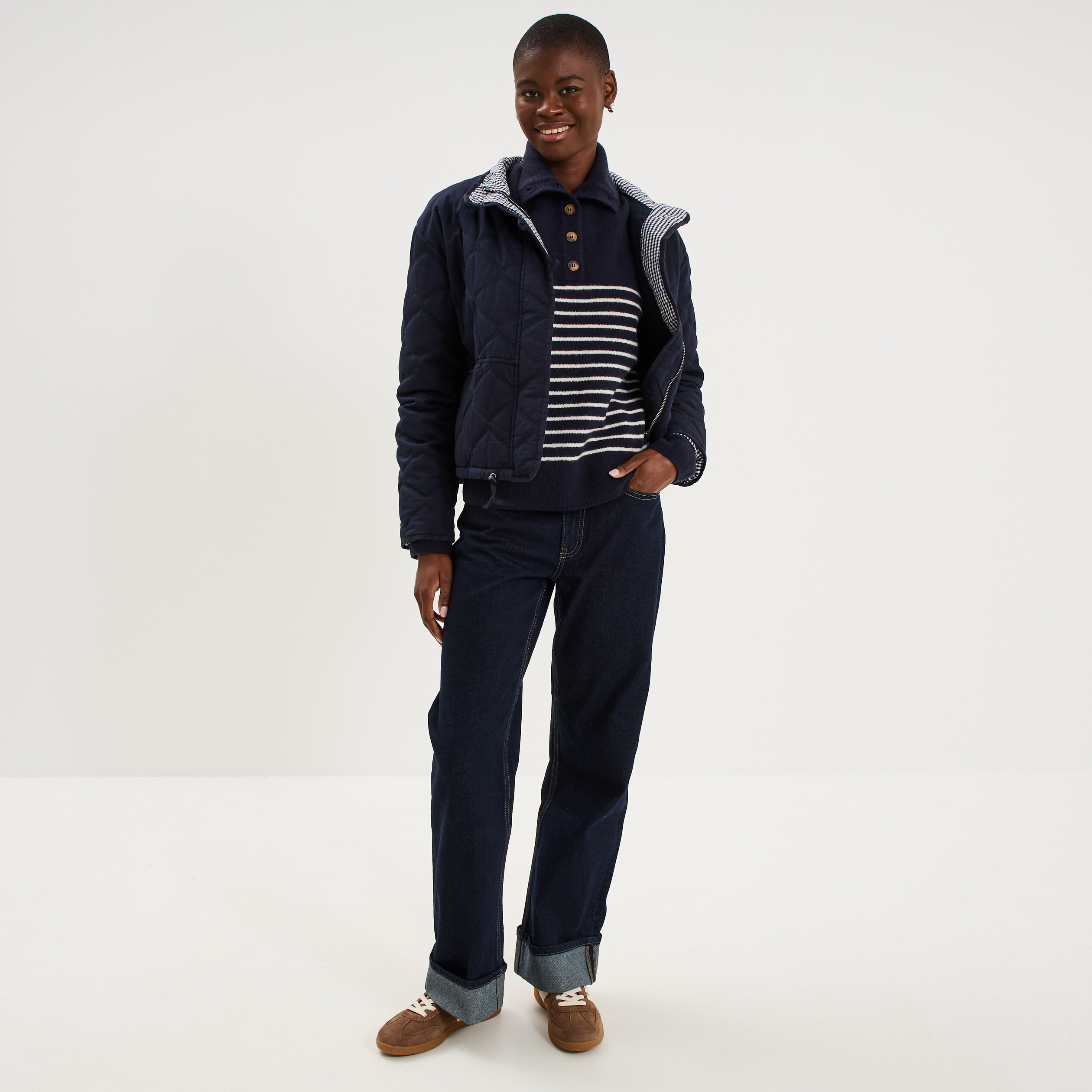 Pull col camionneur manches longues bleu marine femme