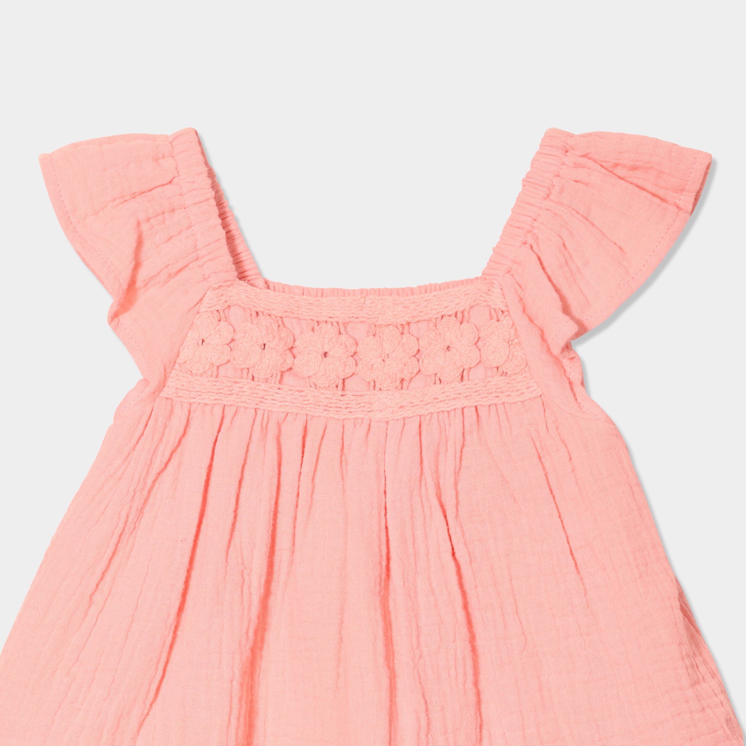 ensemble 2 pieces gaze de coton rose corail bebef Ensemble 2 pièces gaze de coton rose corail bébé fille