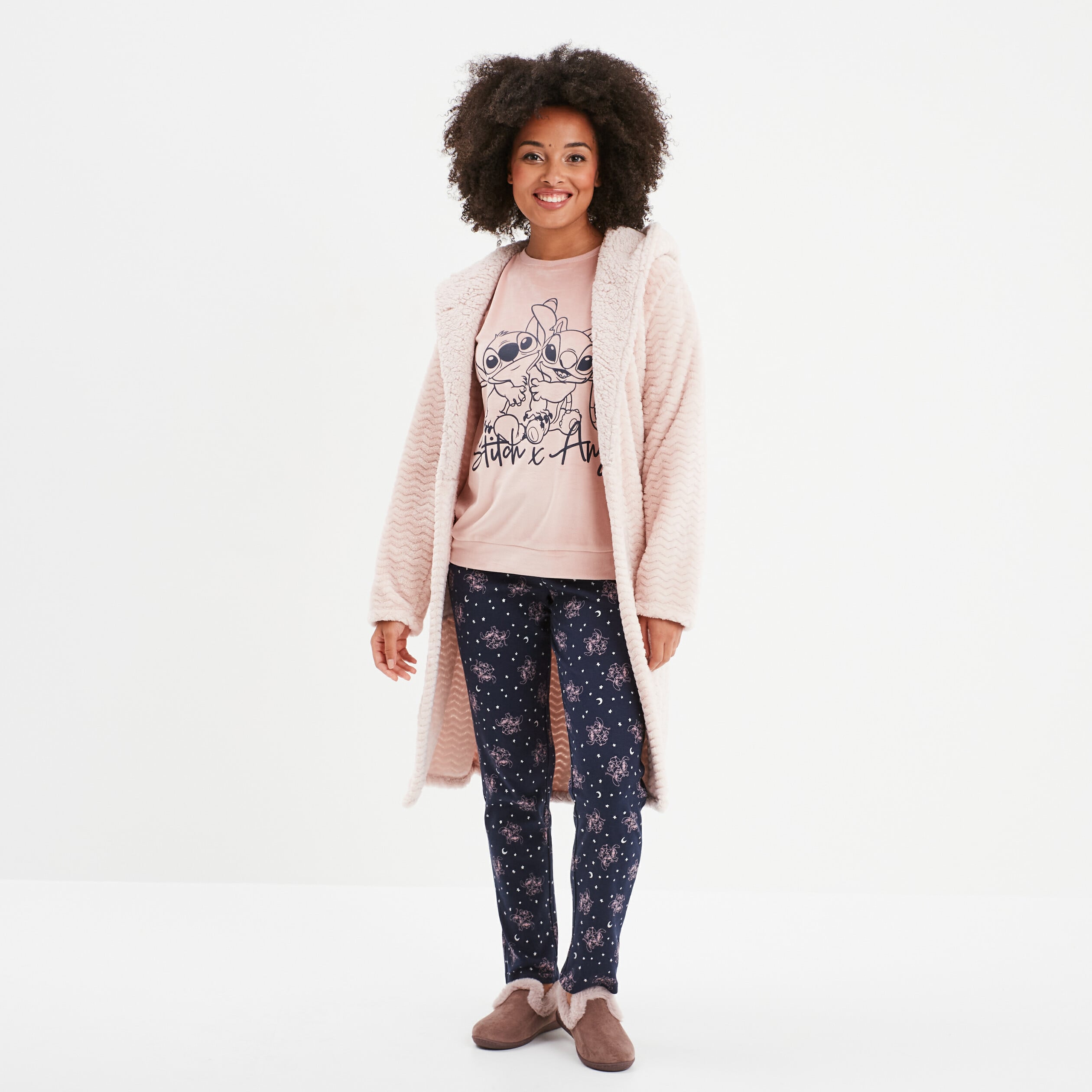Peignoir long effet polaire &agrave; capuche vieux rose femme