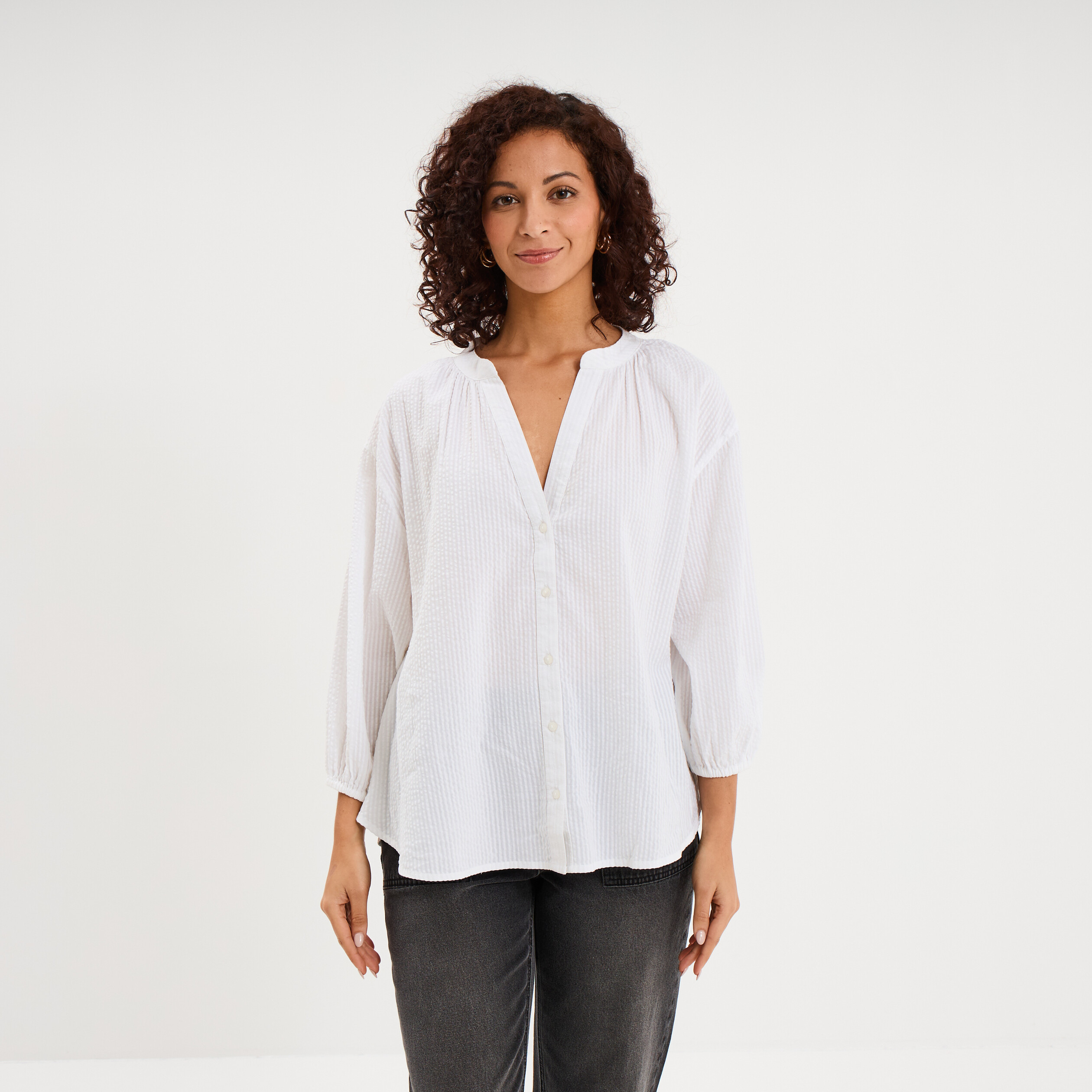 Blouse col tunisien manches 3/4 coton blanc femme