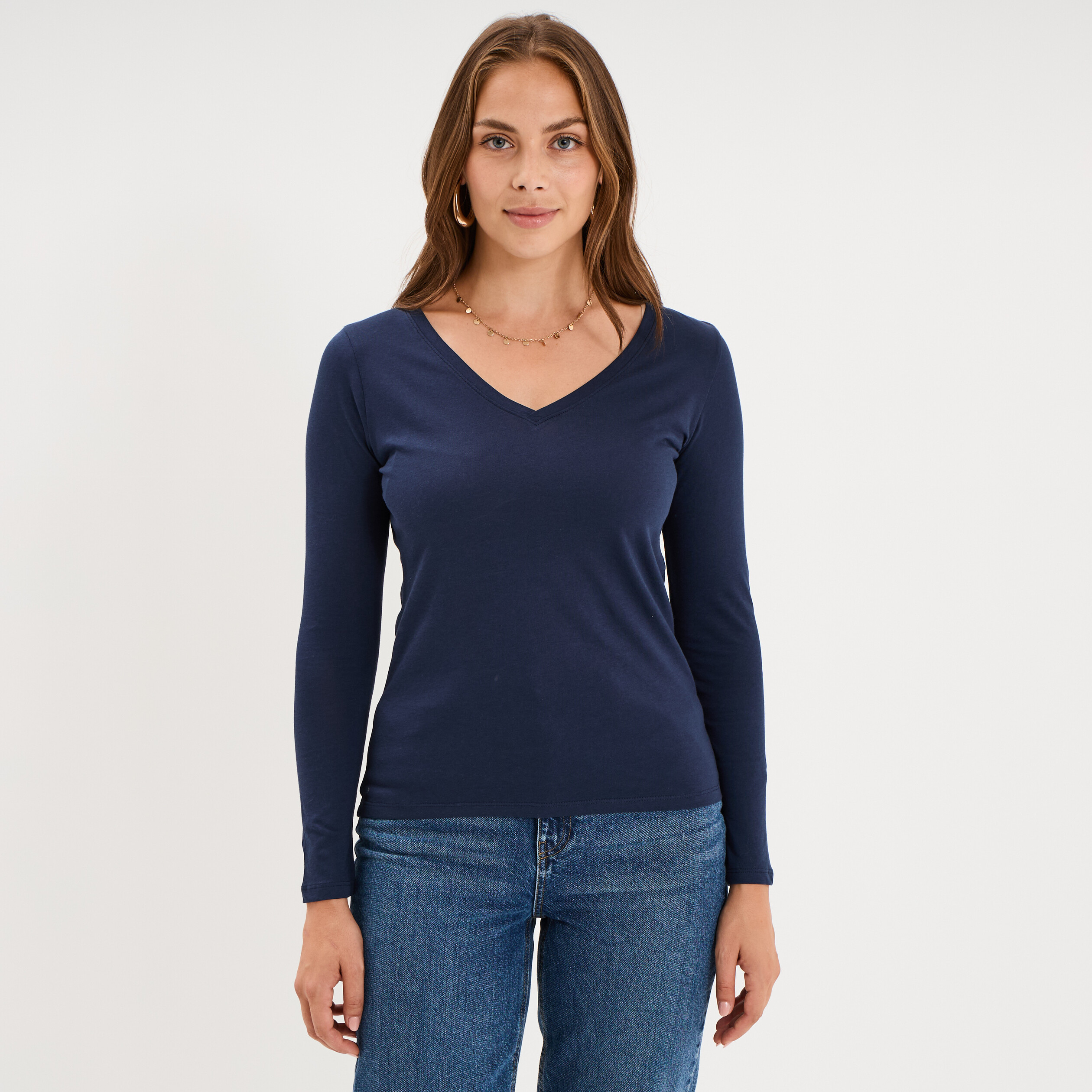 T-shirt col en V manches longues coton bleu marine femme