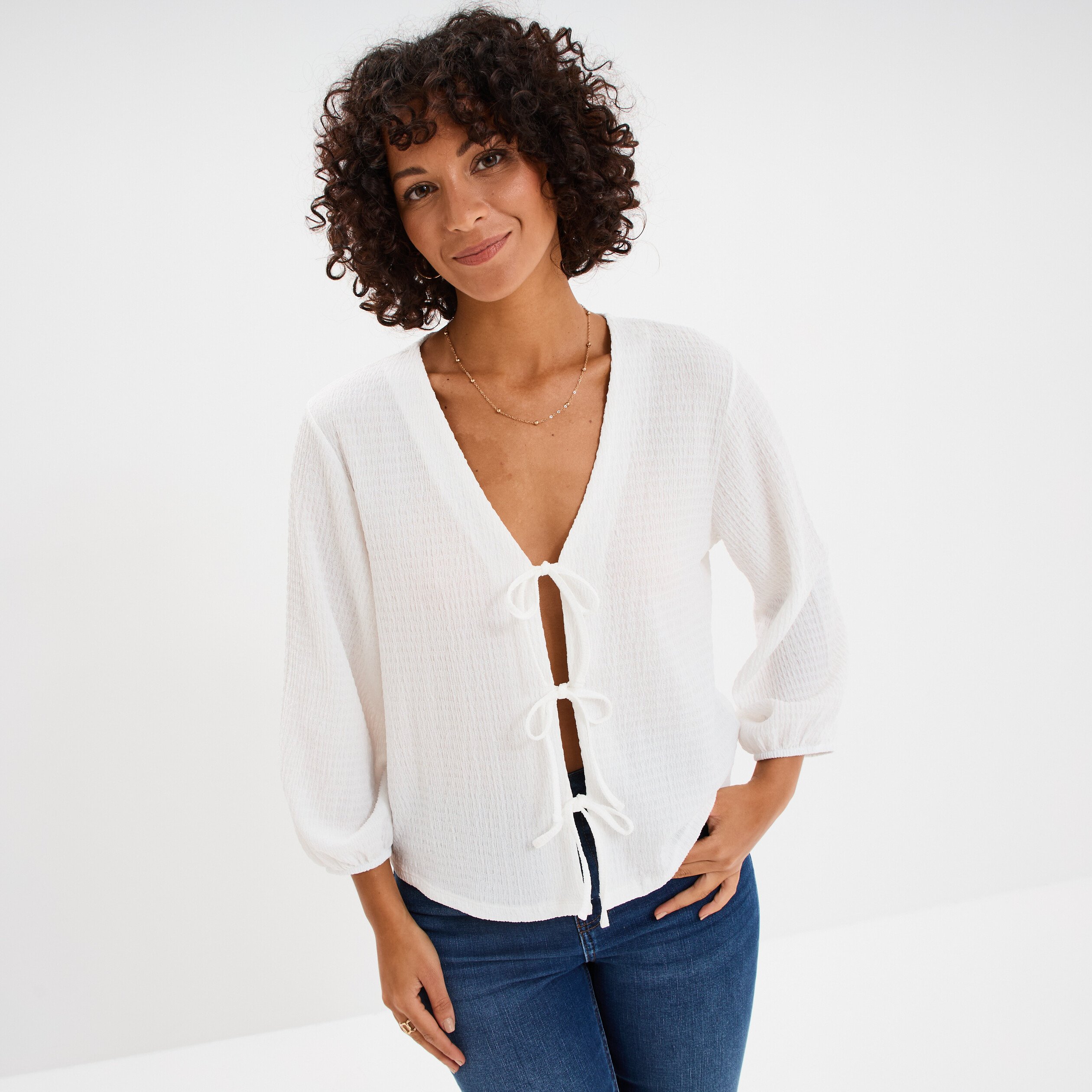 t shirt noeuds et manches 34 blanc femme T-shirt noeuds et manches 3/4 blanc femme