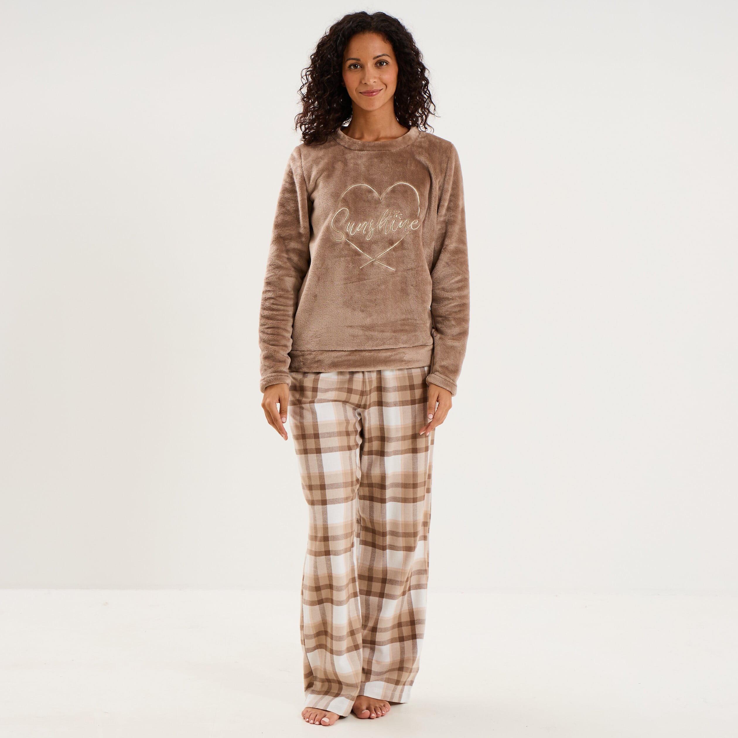 Ensemble pyjama effet polaire 3 pi&egrave;ces beige femme