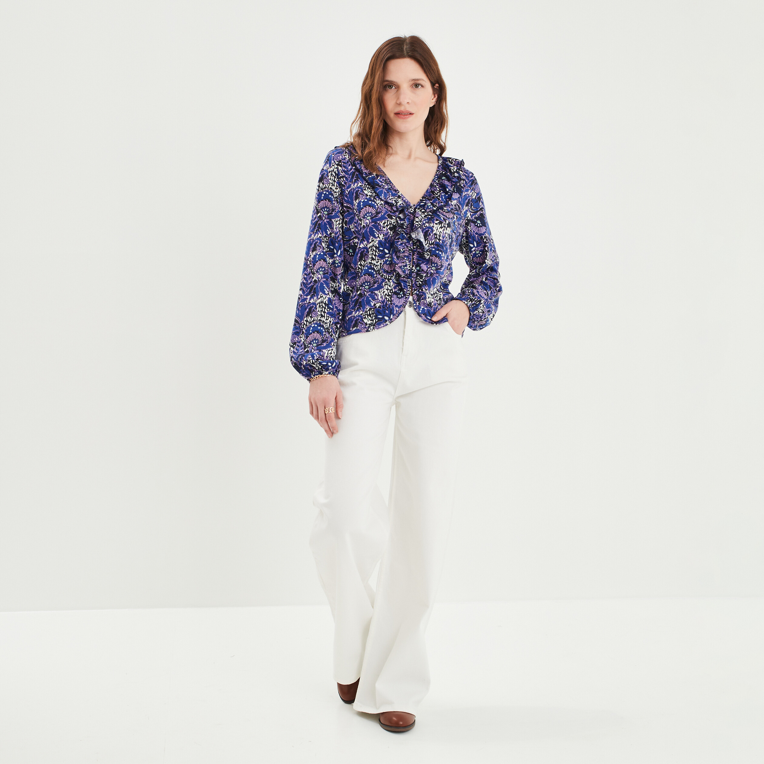 T-shirt manches longues à volants bleu marine femme