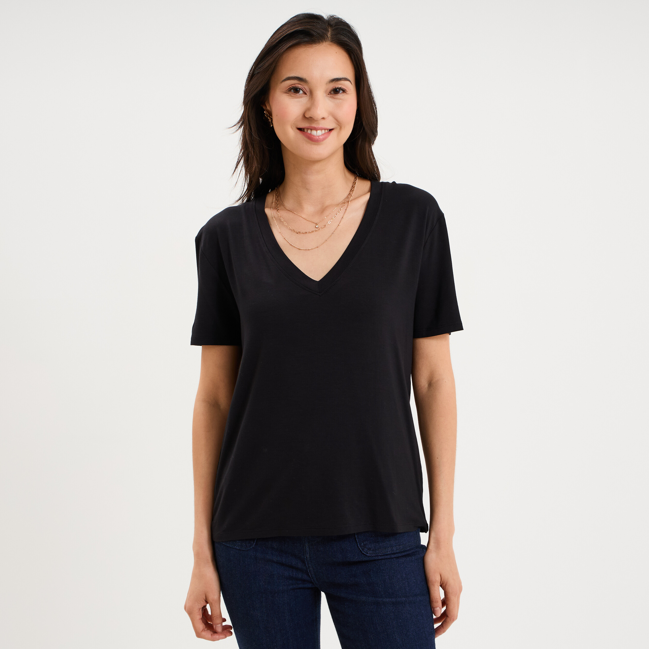 T-shirt fluide col en V manches courtes noir femme