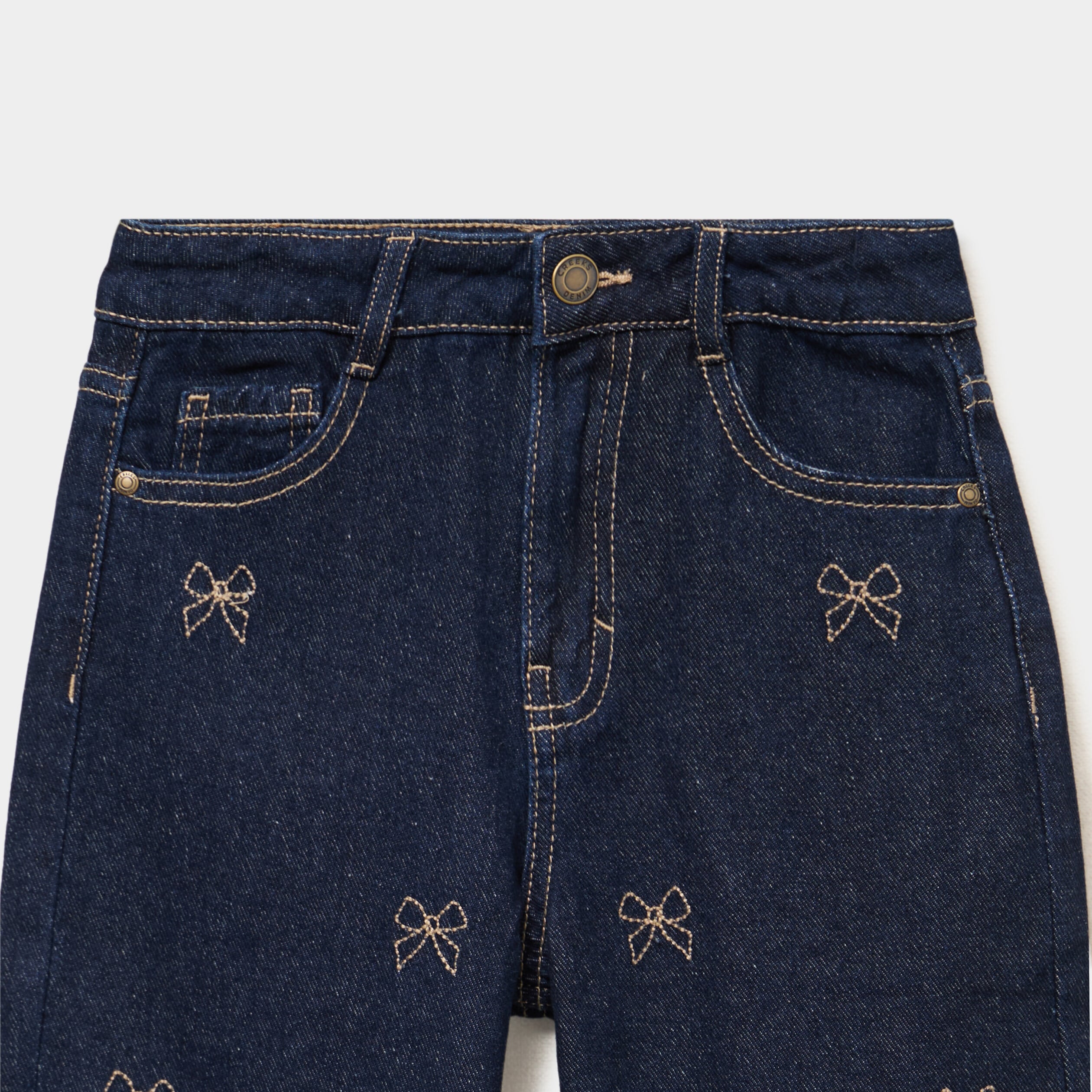 Jean large brod&eacute; noeud coton denim brut fille
