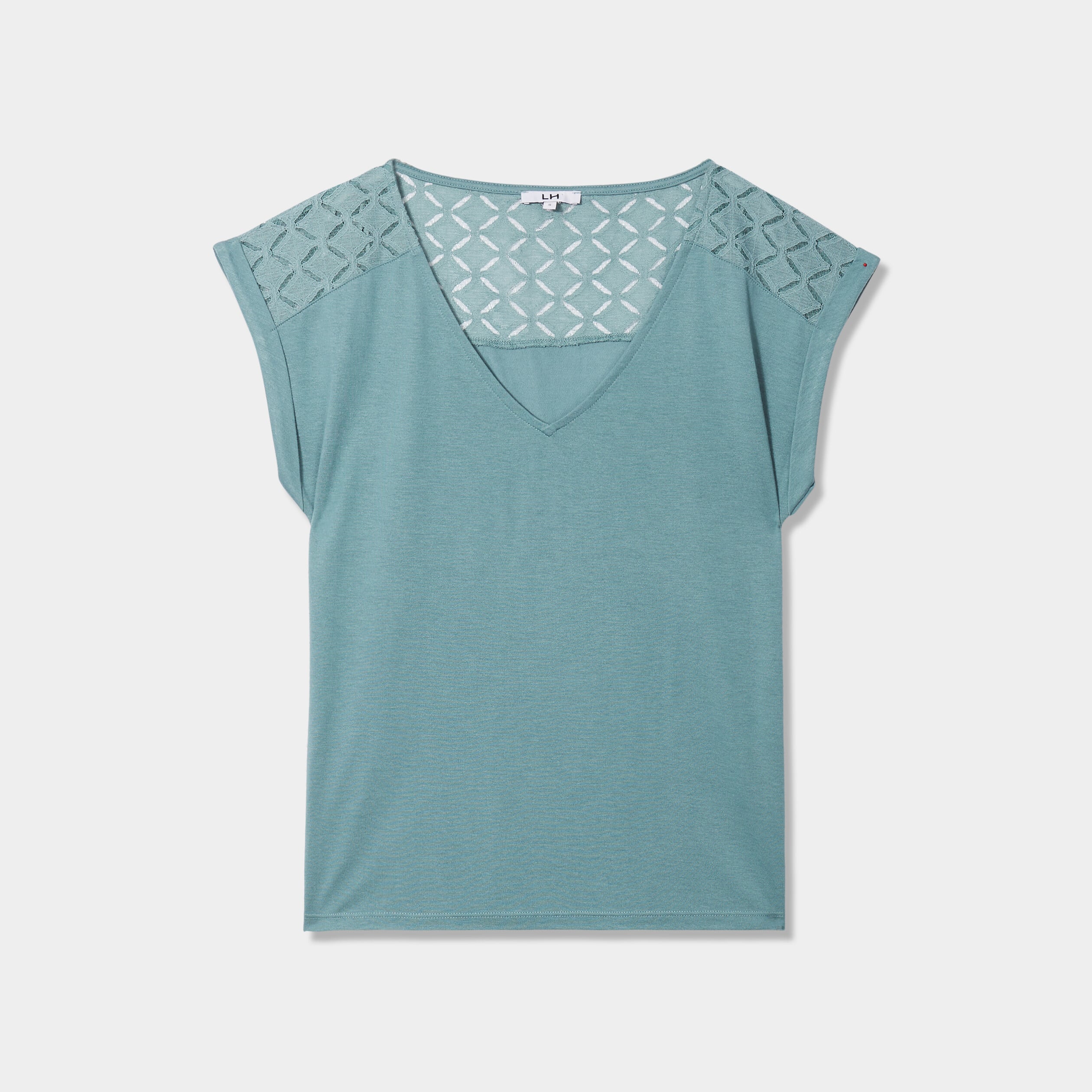 T-shirt col en V ajour&eacute; &eacute;paules et dos bleu gris femme