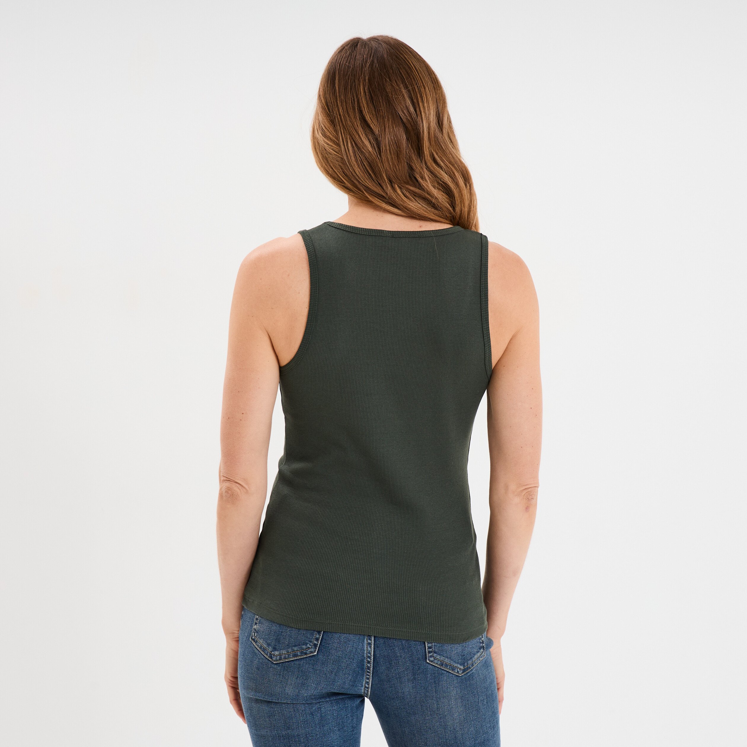 debardeur col rond cotele coton vert kaki femme Débardeur col rond côtelé coton vert kaki femme