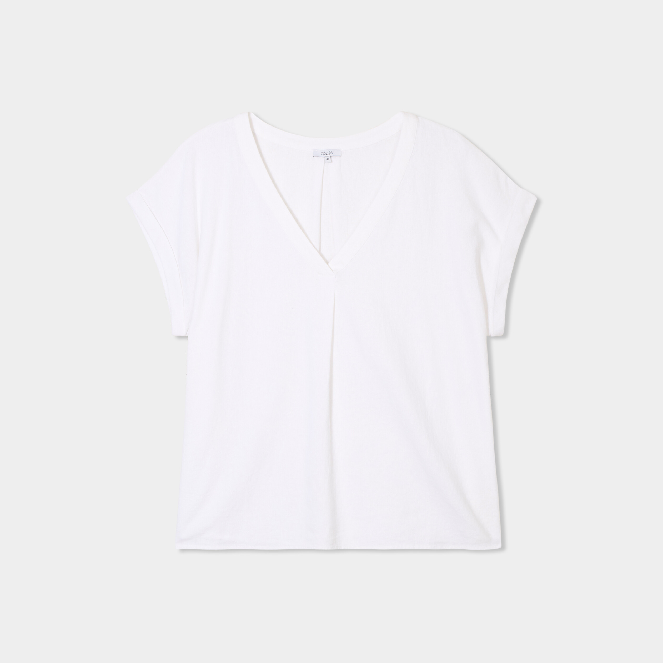 blouse col v manches courtes melange lin blanc femmegt Blouse col V manches courtes mélange lin blanc femme grande taille