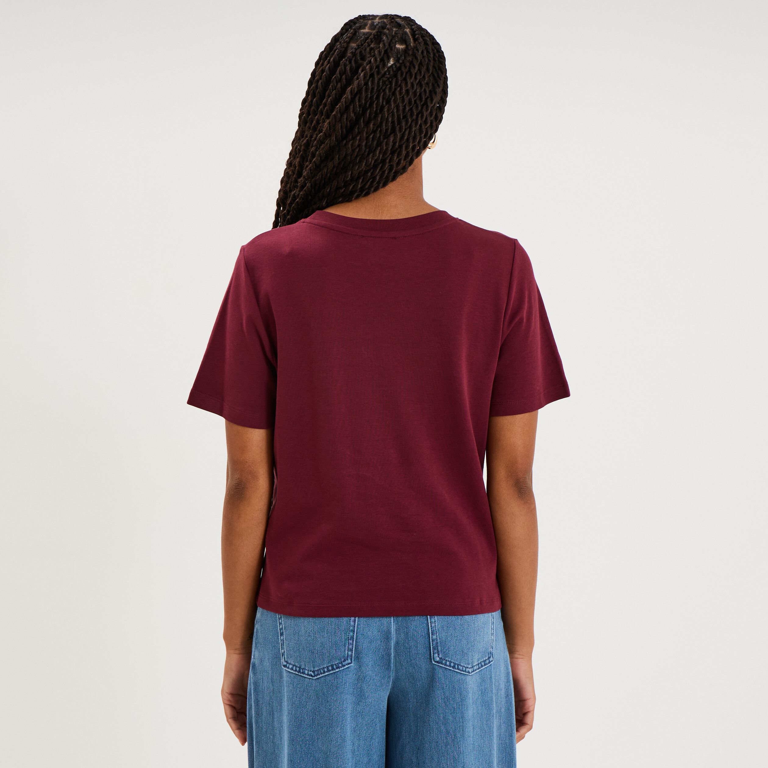 T-shirt manches courtes col rond coton bordeaux femme