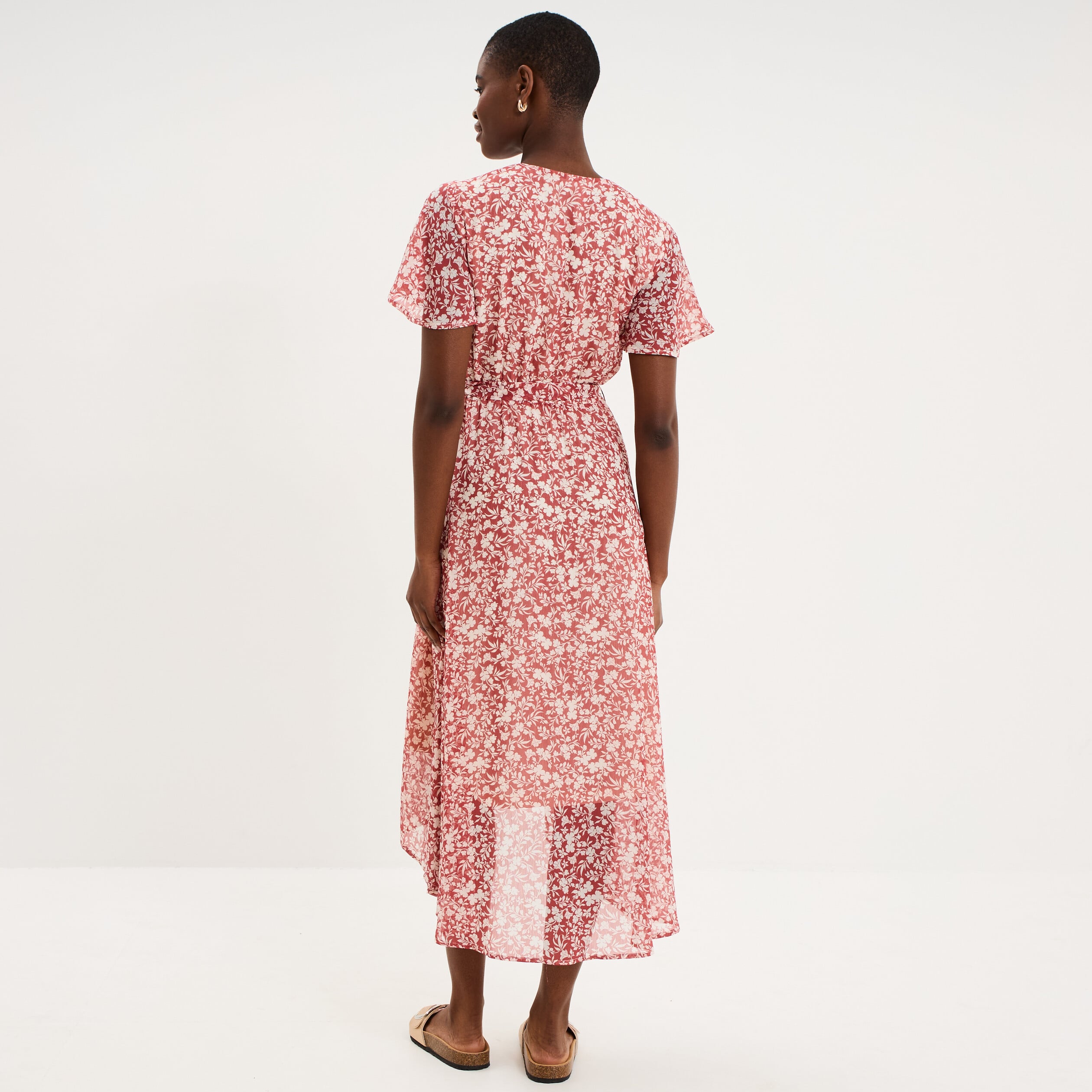 Robe longue &eacute;vas&eacute;e col cache-coeur rose femme