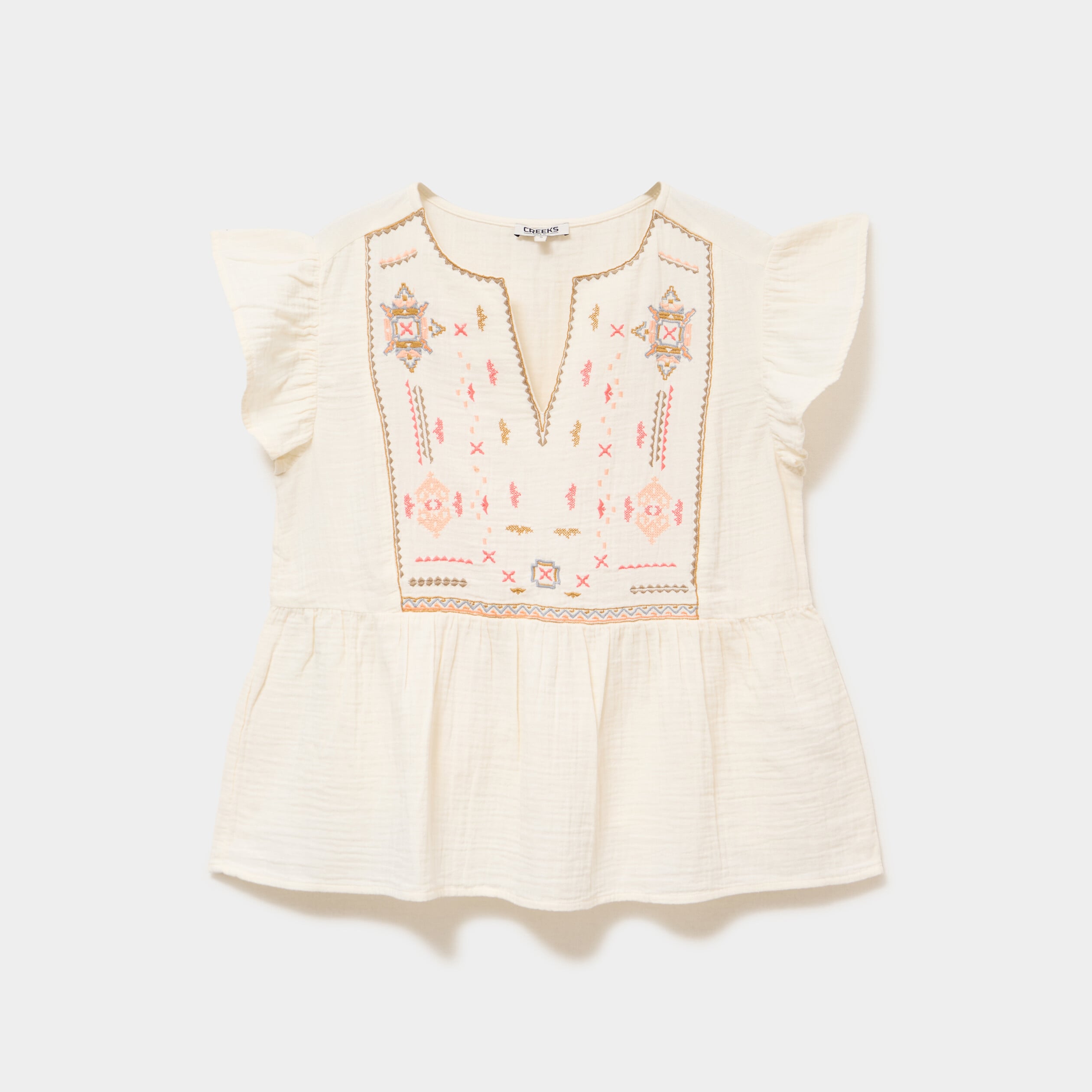 Blouse brod&eacute;e manches volants coton creme femme