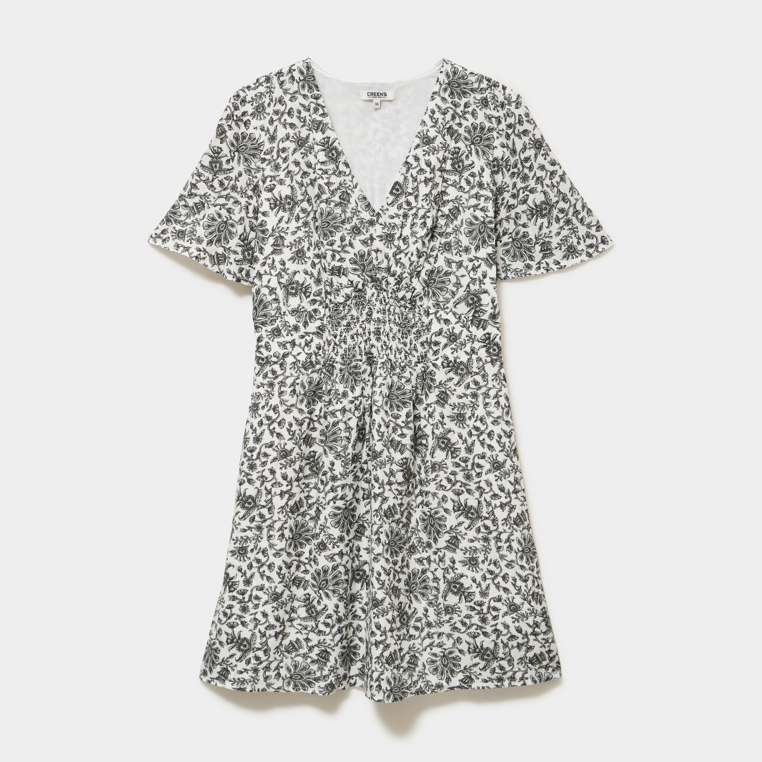 Robe courte col en V taille smock&eacute;e ecru femme
